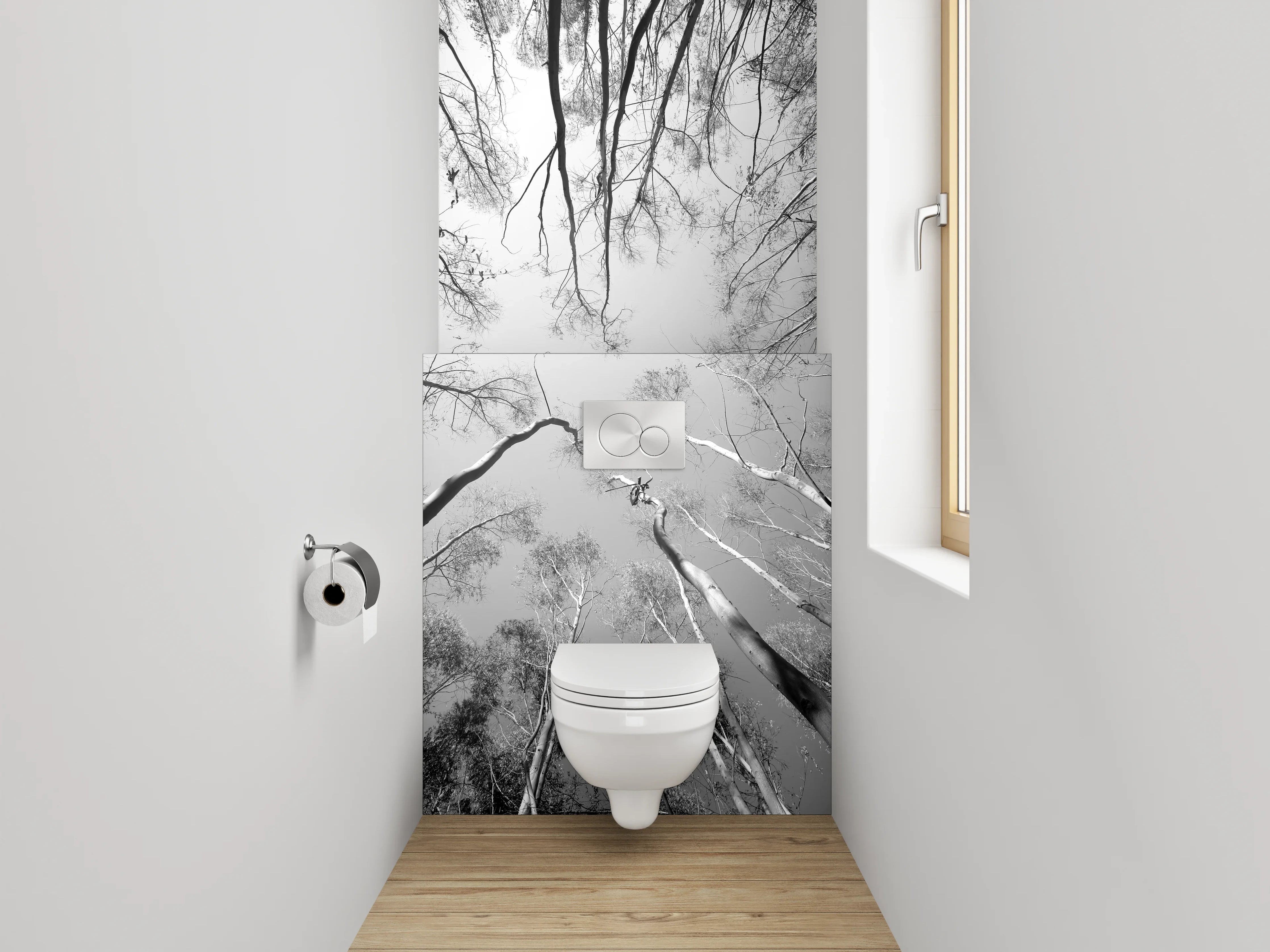 WC-Rückwand - Schwarz-Weiß Baumwipfelperspektive