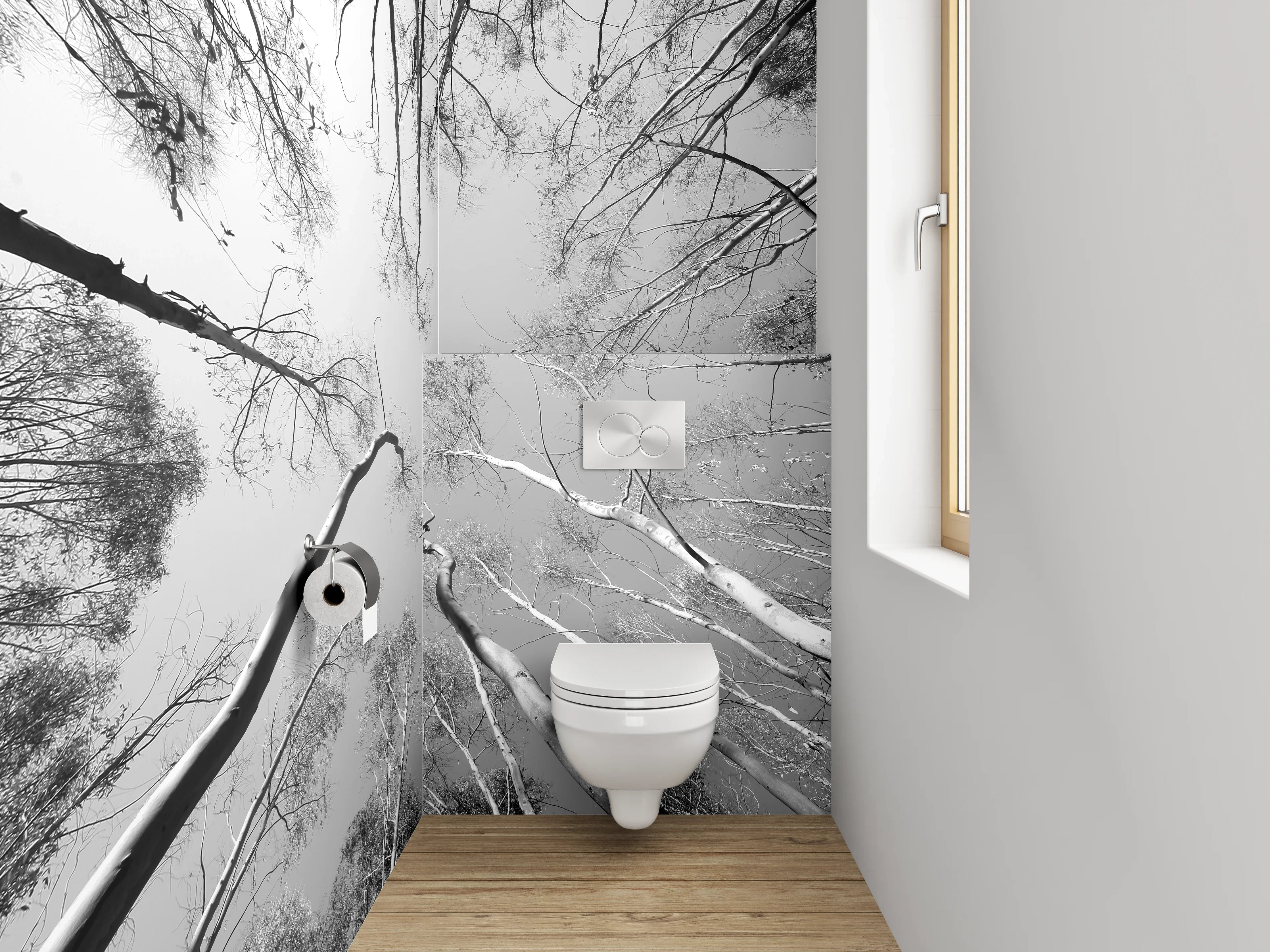 WC-Rückwand - Schwarz-Weiß Baumwipfelperspektive