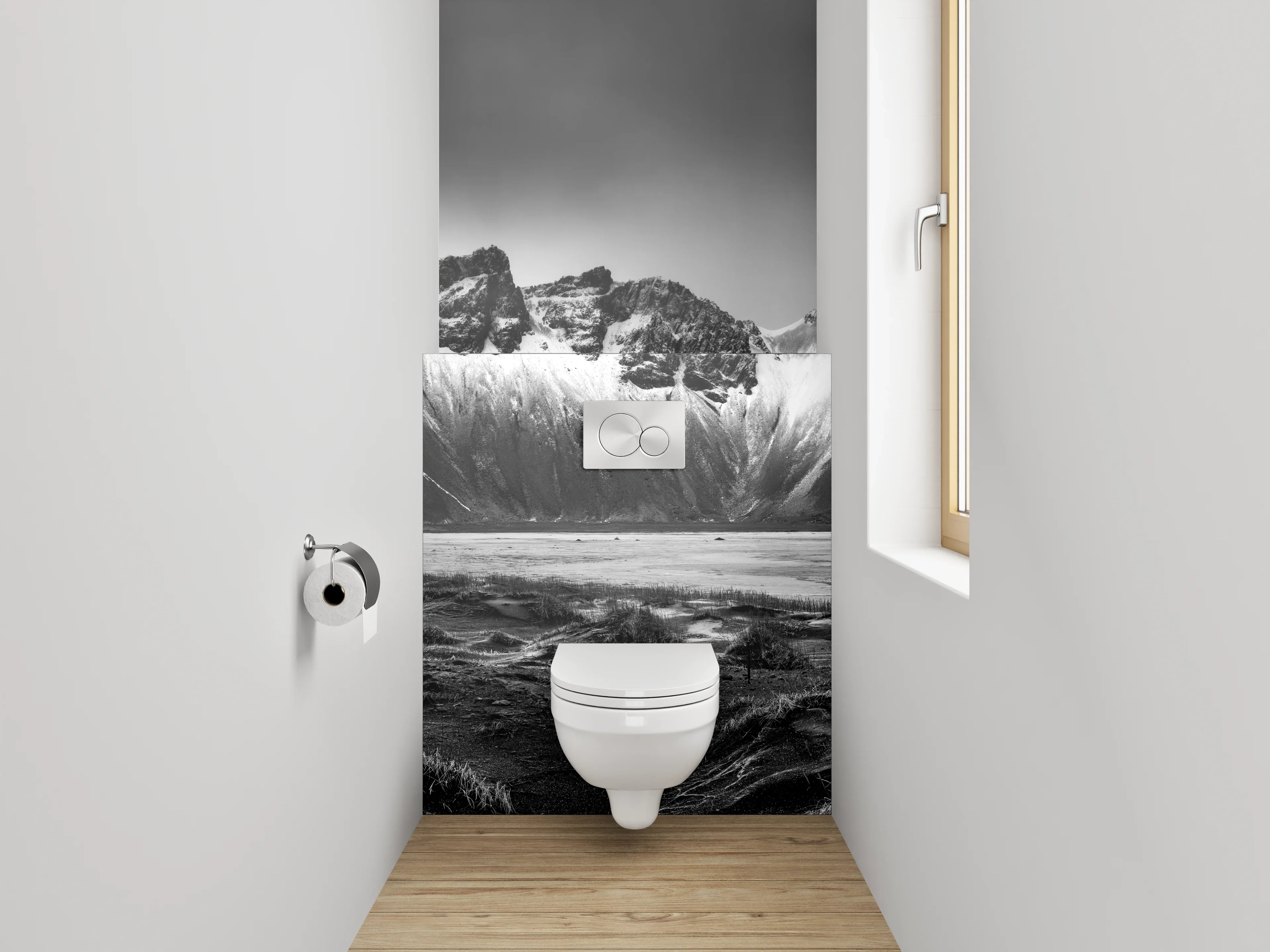 WC-Rückwand - Schwarz-Weiß Berglandschaft Panorama Fotokunst