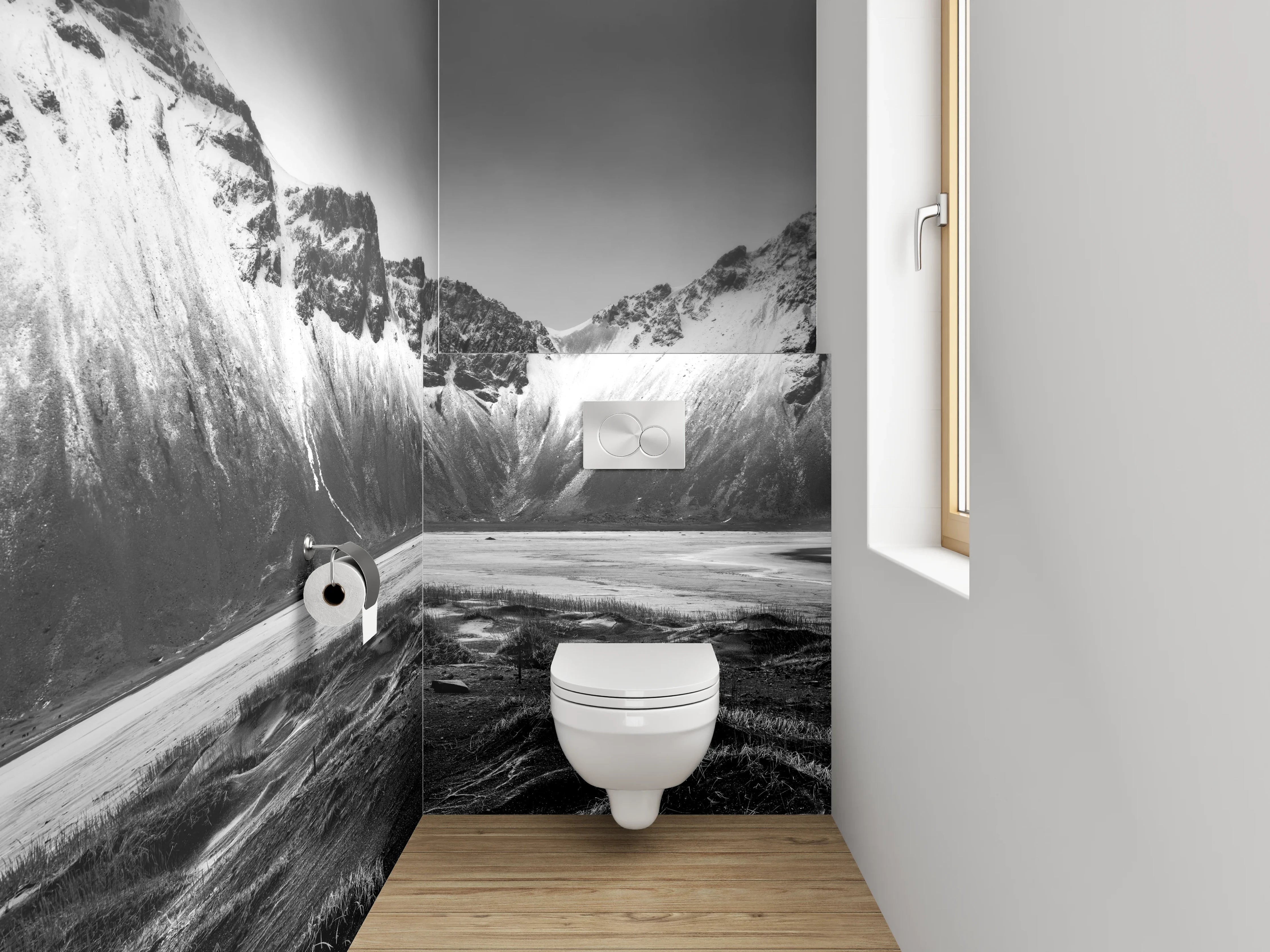 WC-Rückwand - Schwarz-Weiß Berglandschaft Panorama Fotokunst