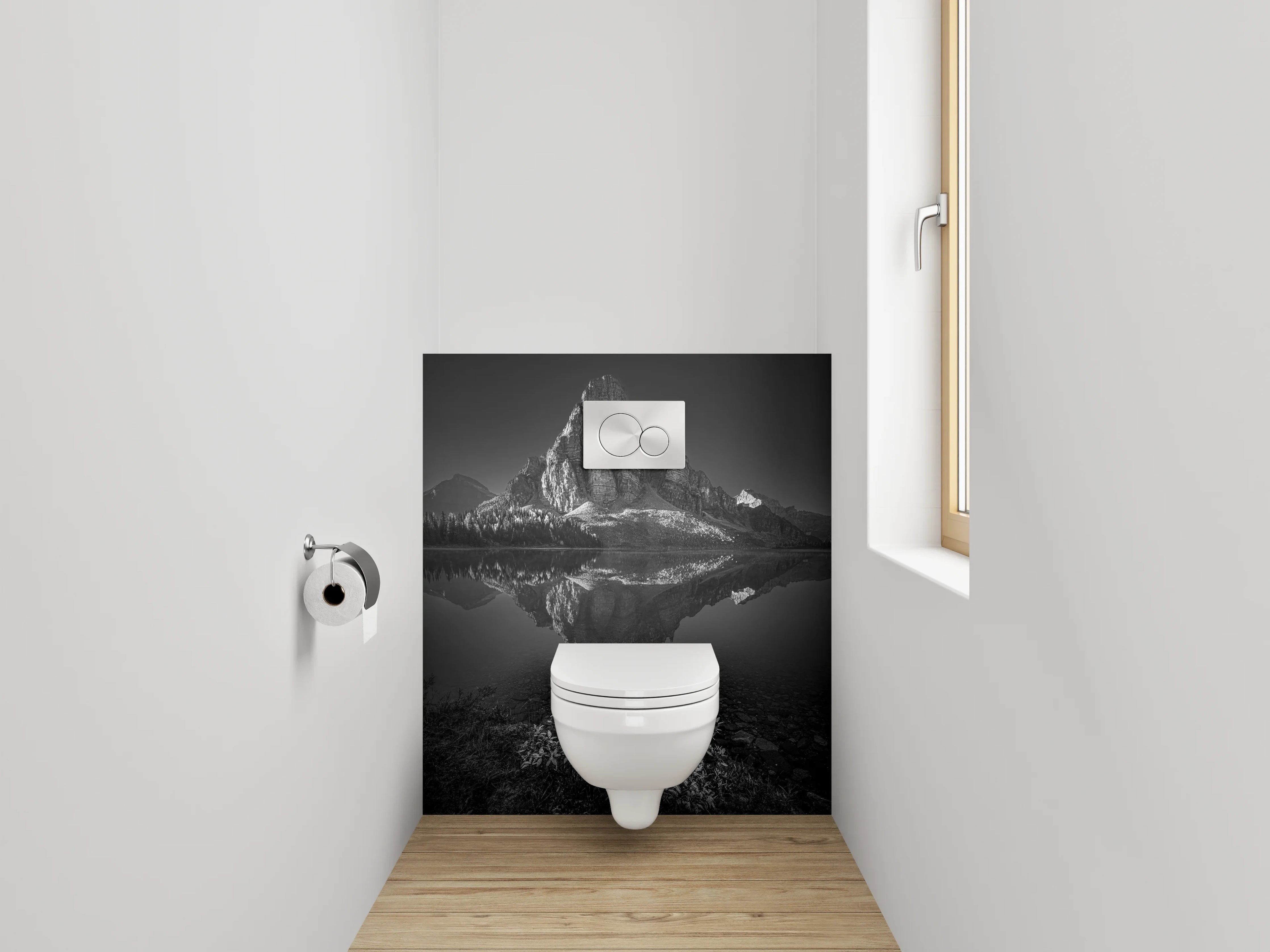 WC-Rückwand - Schwarz-Weiß Berglandschaft am See