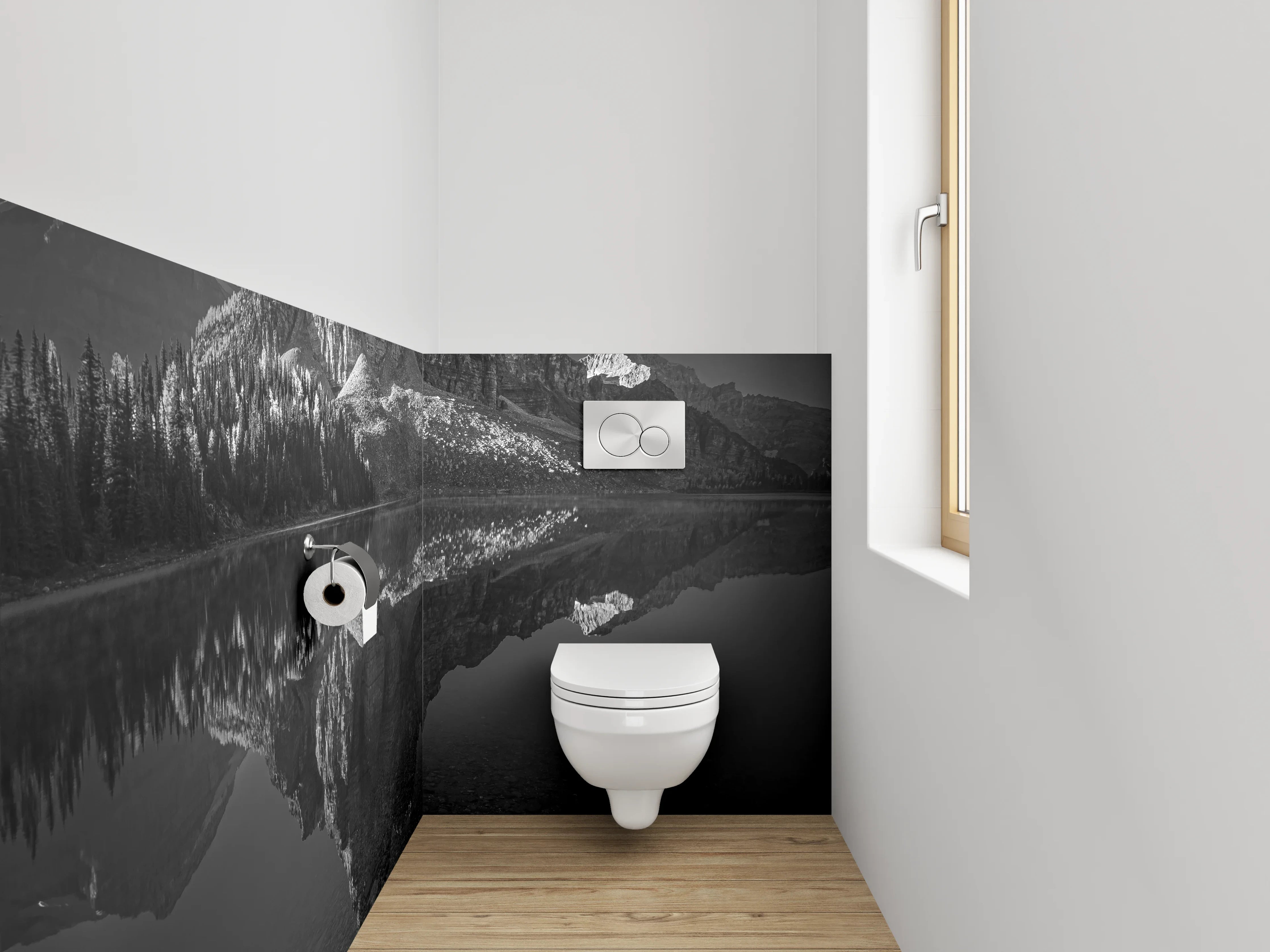 WC-Rückwand - Schwarz-Weiß Berglandschaft am See