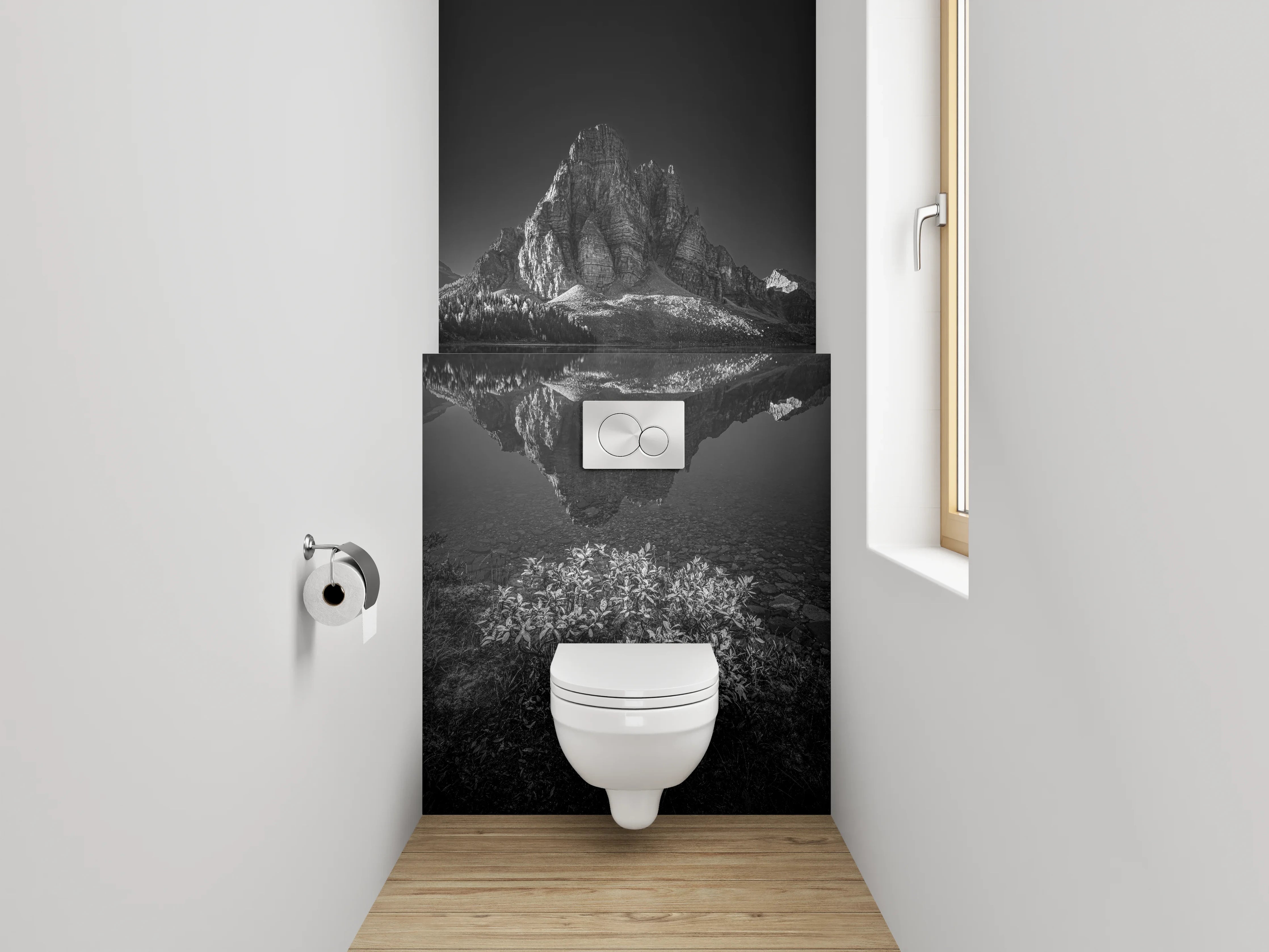 WC-Rückwand - Schwarz-Weiß Berglandschaft am See