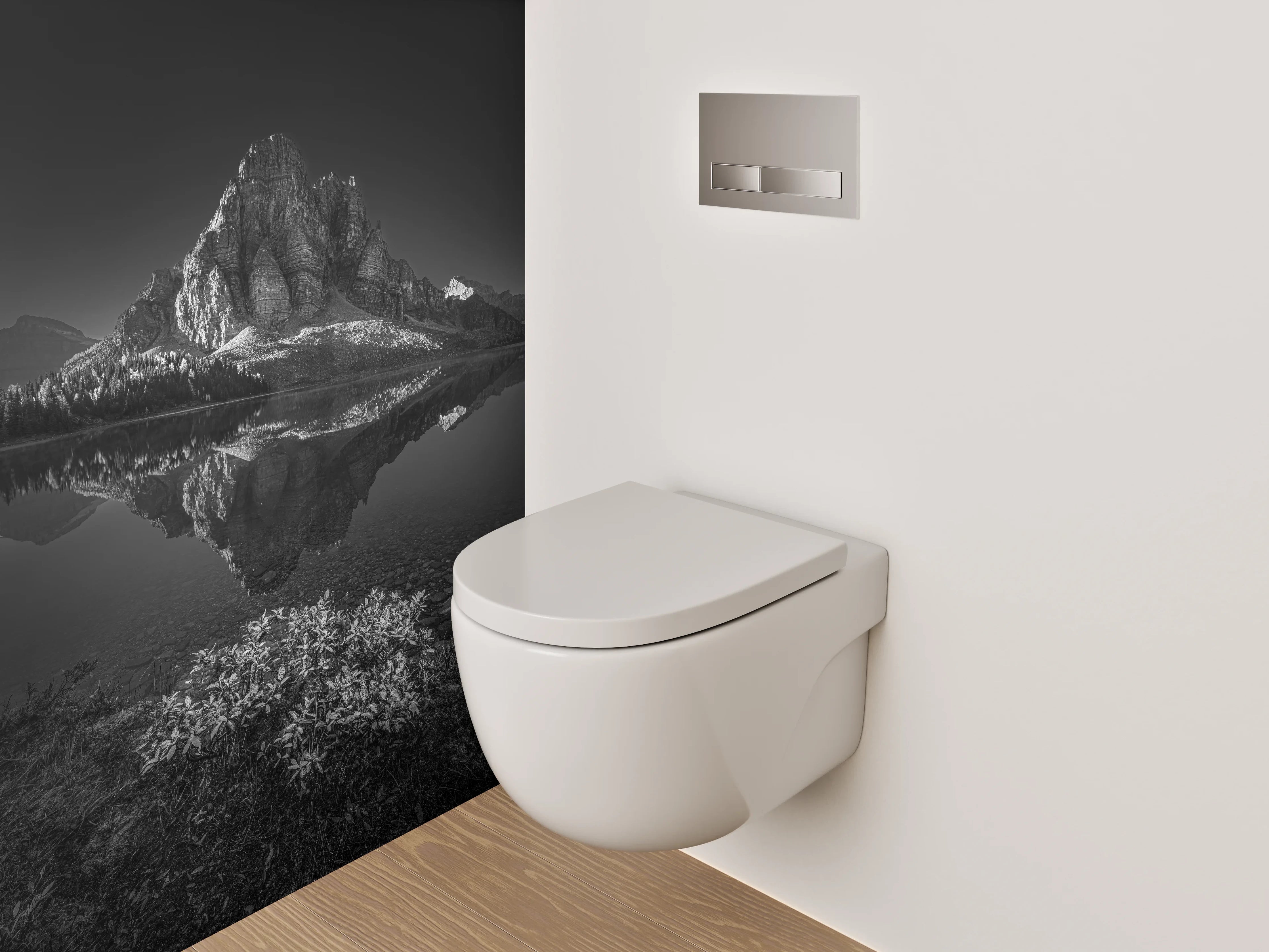WC-Rückwand - Schwarz-Weiß Berglandschaft am See