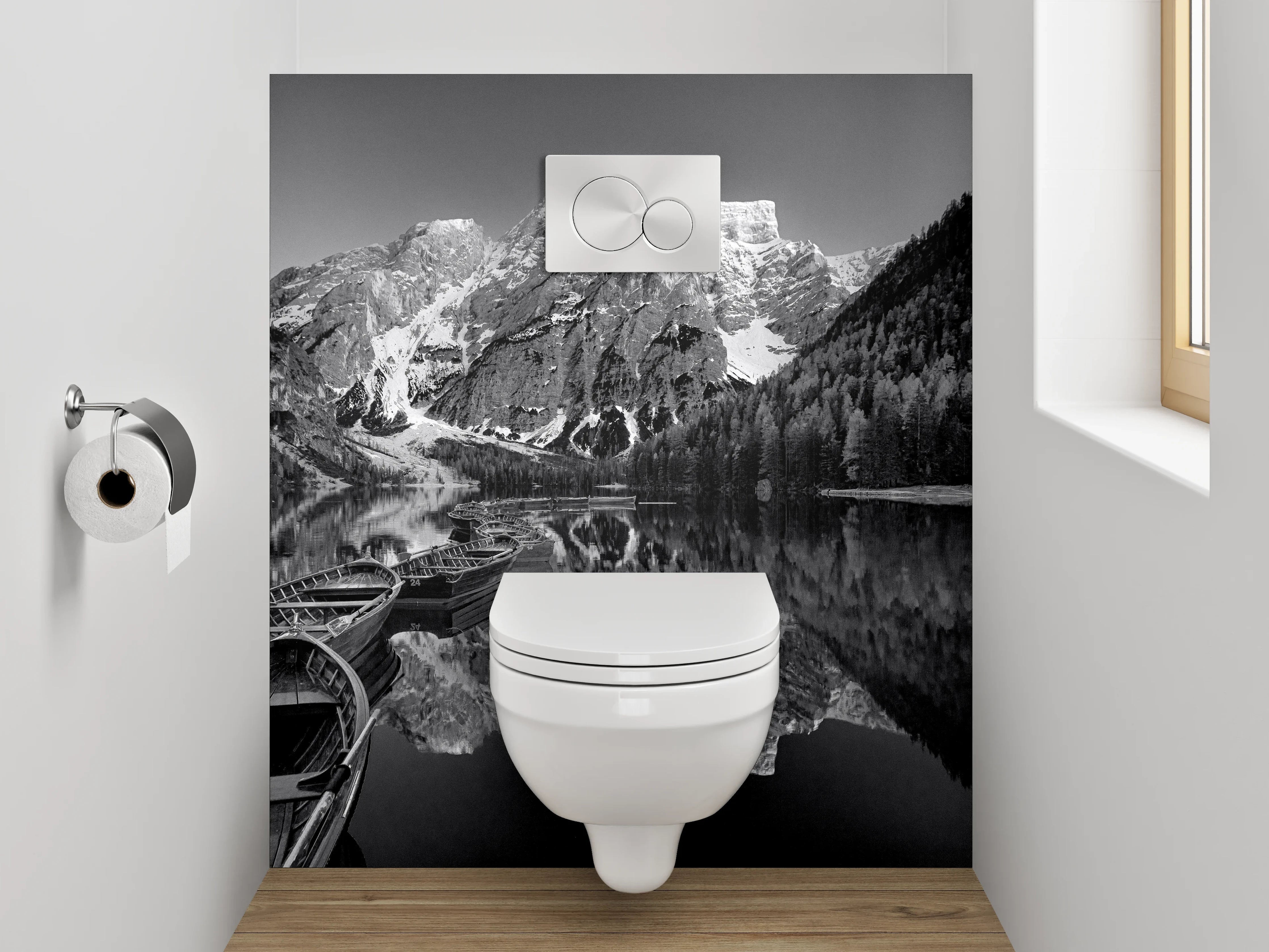 WC-Rückwand - Schwarz-Weiß Bergsee Panorama