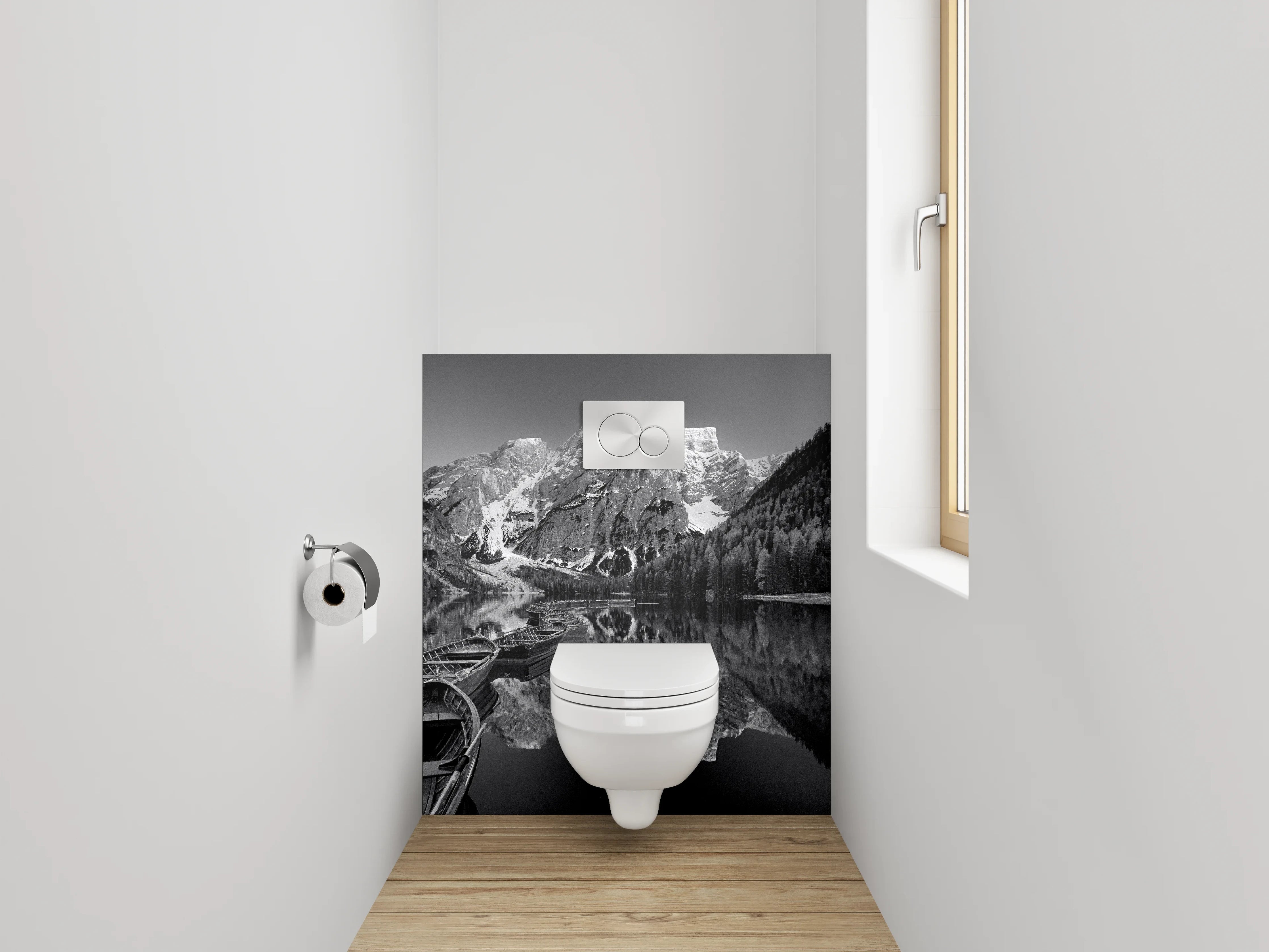 WC-Rückwand - Schwarz-Weiß Bergsee Panorama