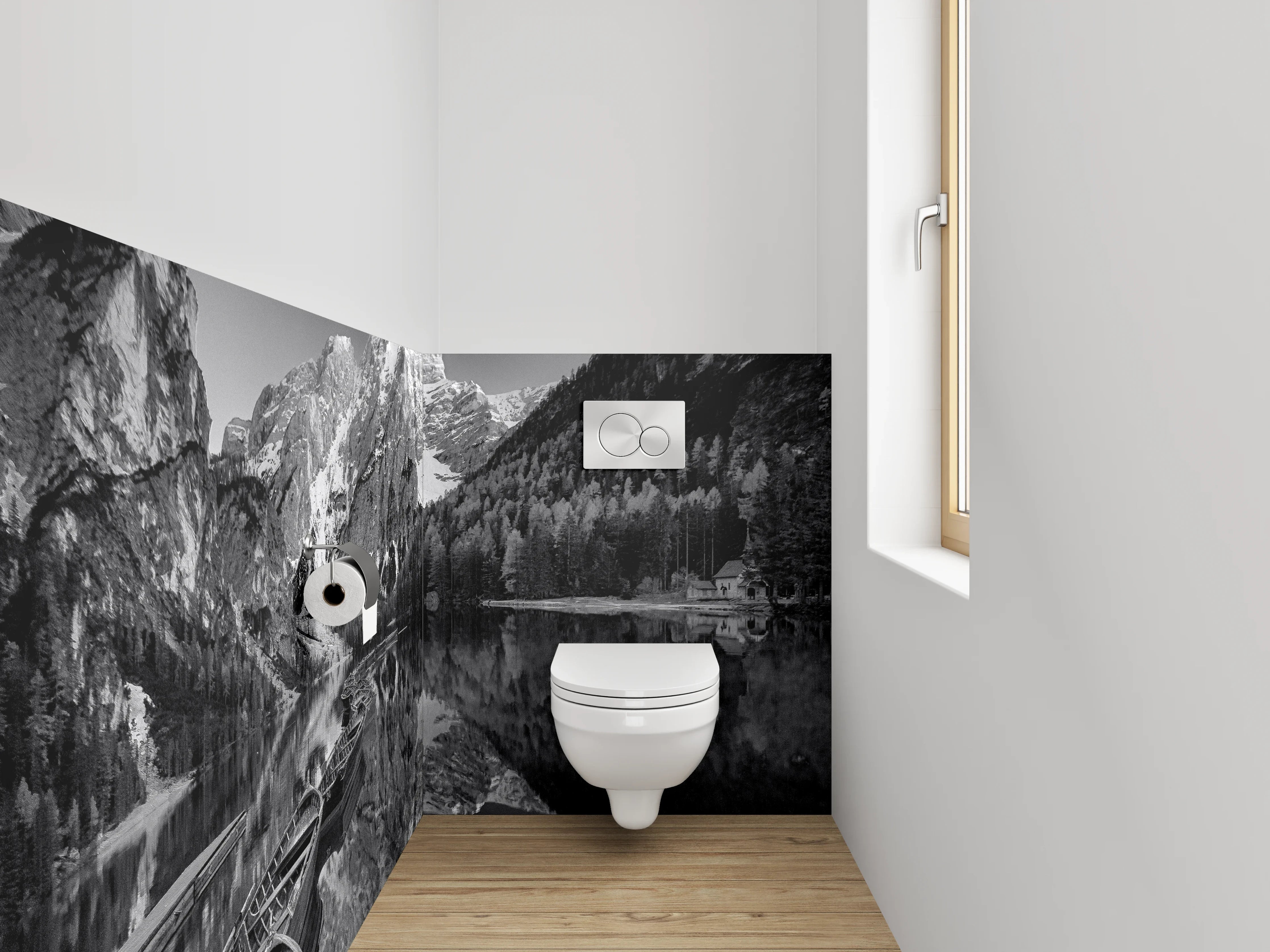 WC-Rückwand - Schwarz-Weiß Bergsee Panorama