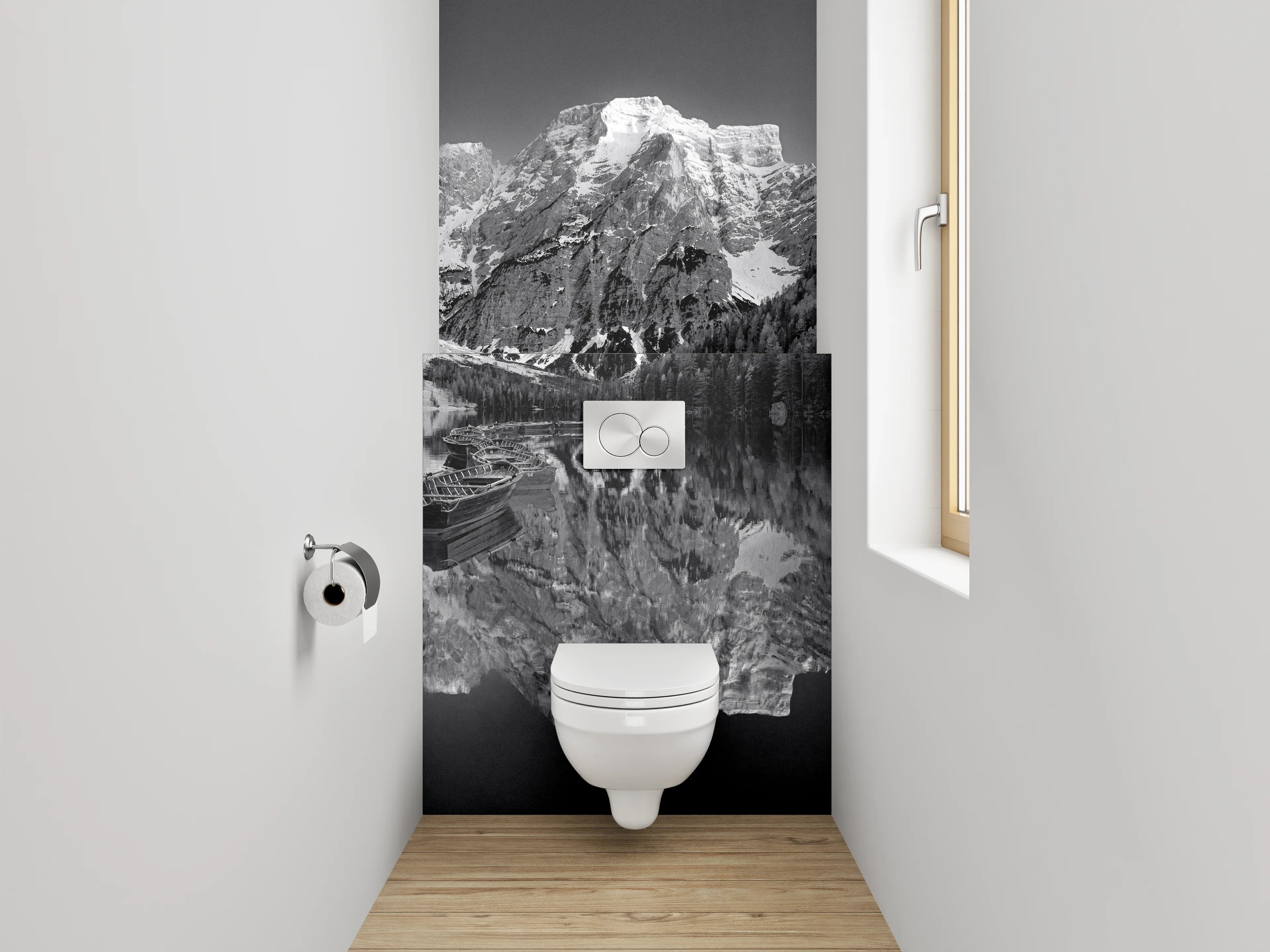 WC-Rückwand - Schwarz-Weiß Bergsee Panorama