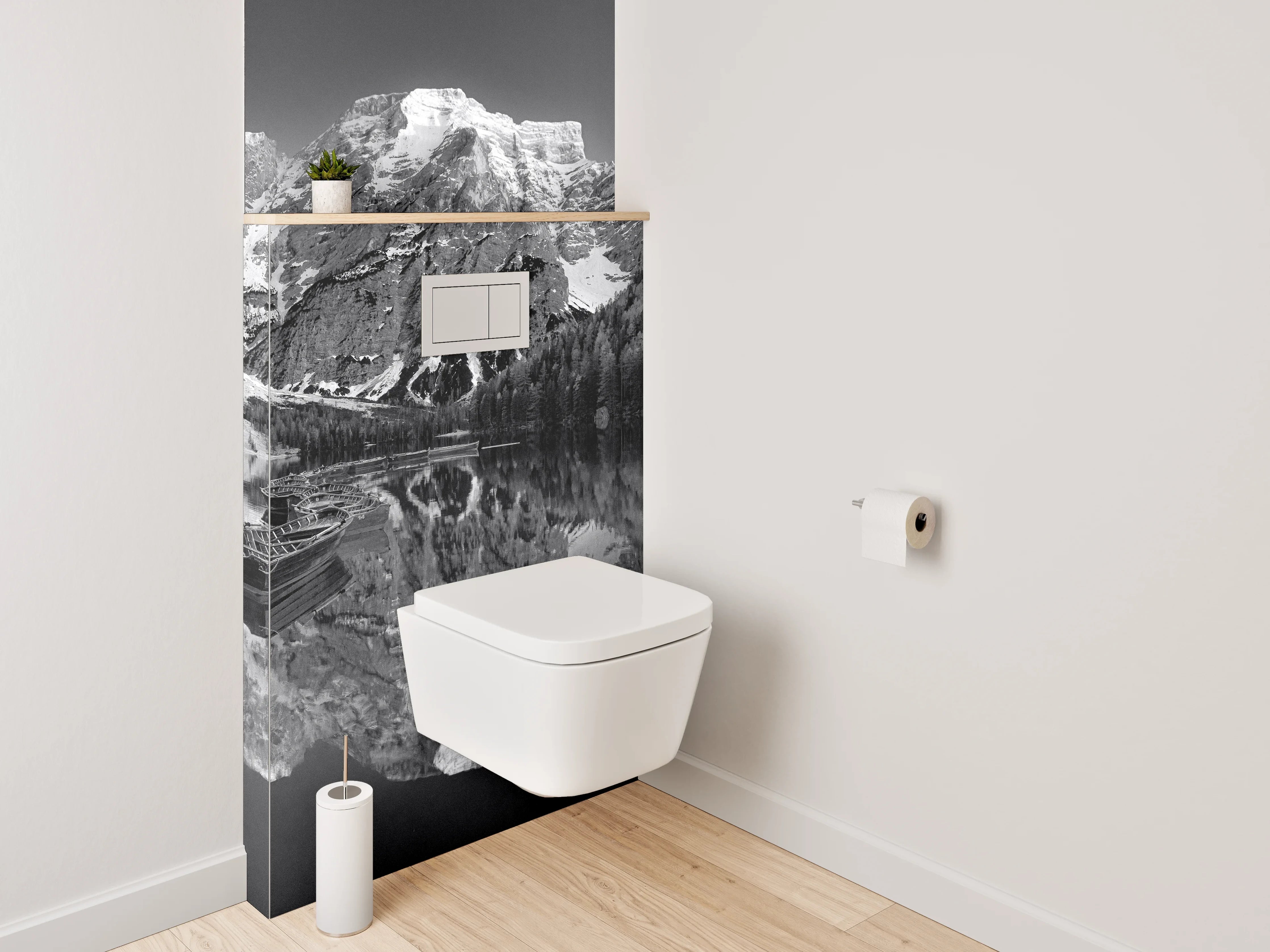 WC-Rückwand - Schwarz-Weiß Bergsee Panorama