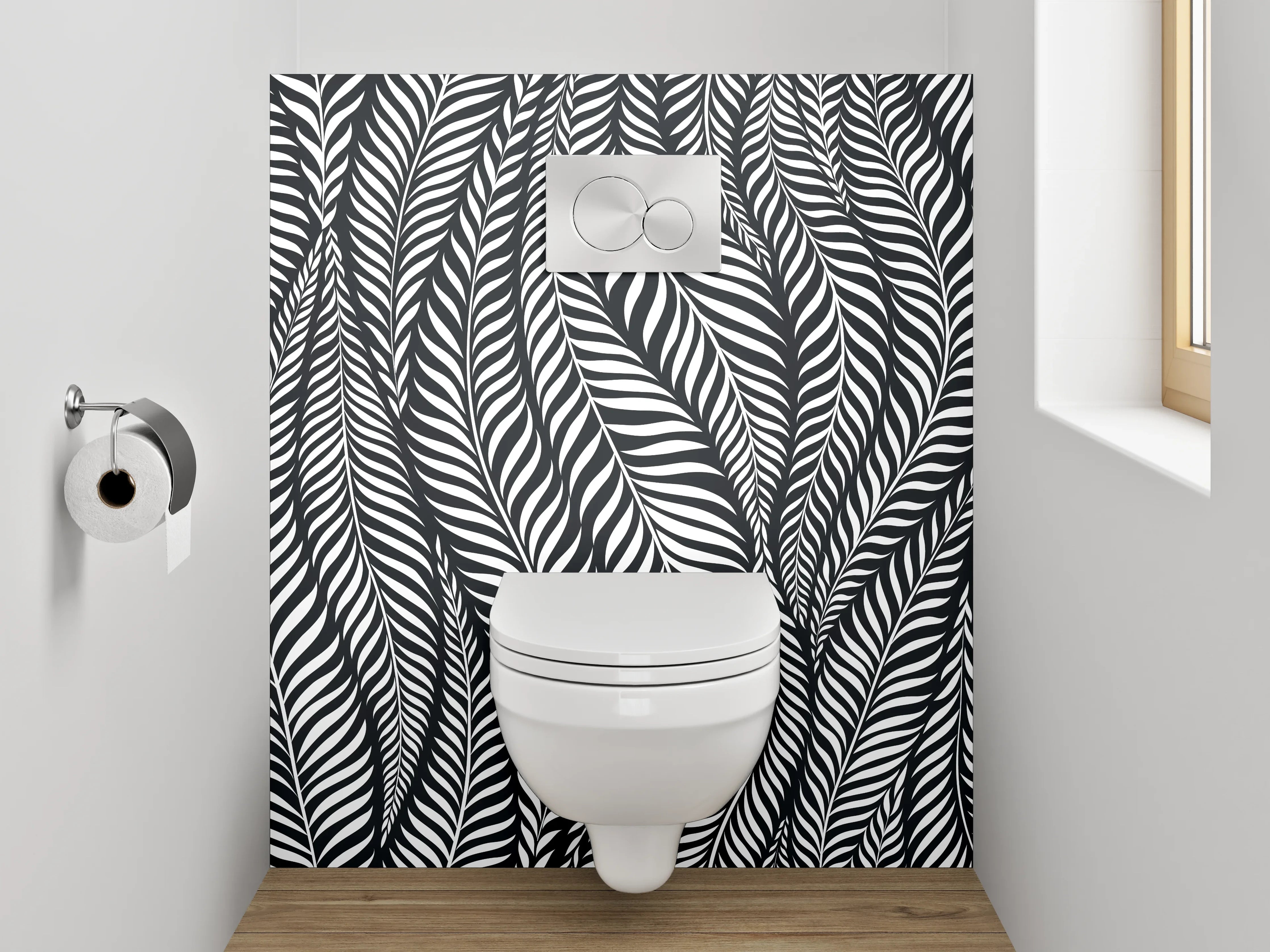 WC-Rückwand - Schwarz-Weiß Blätter Muster Grafik