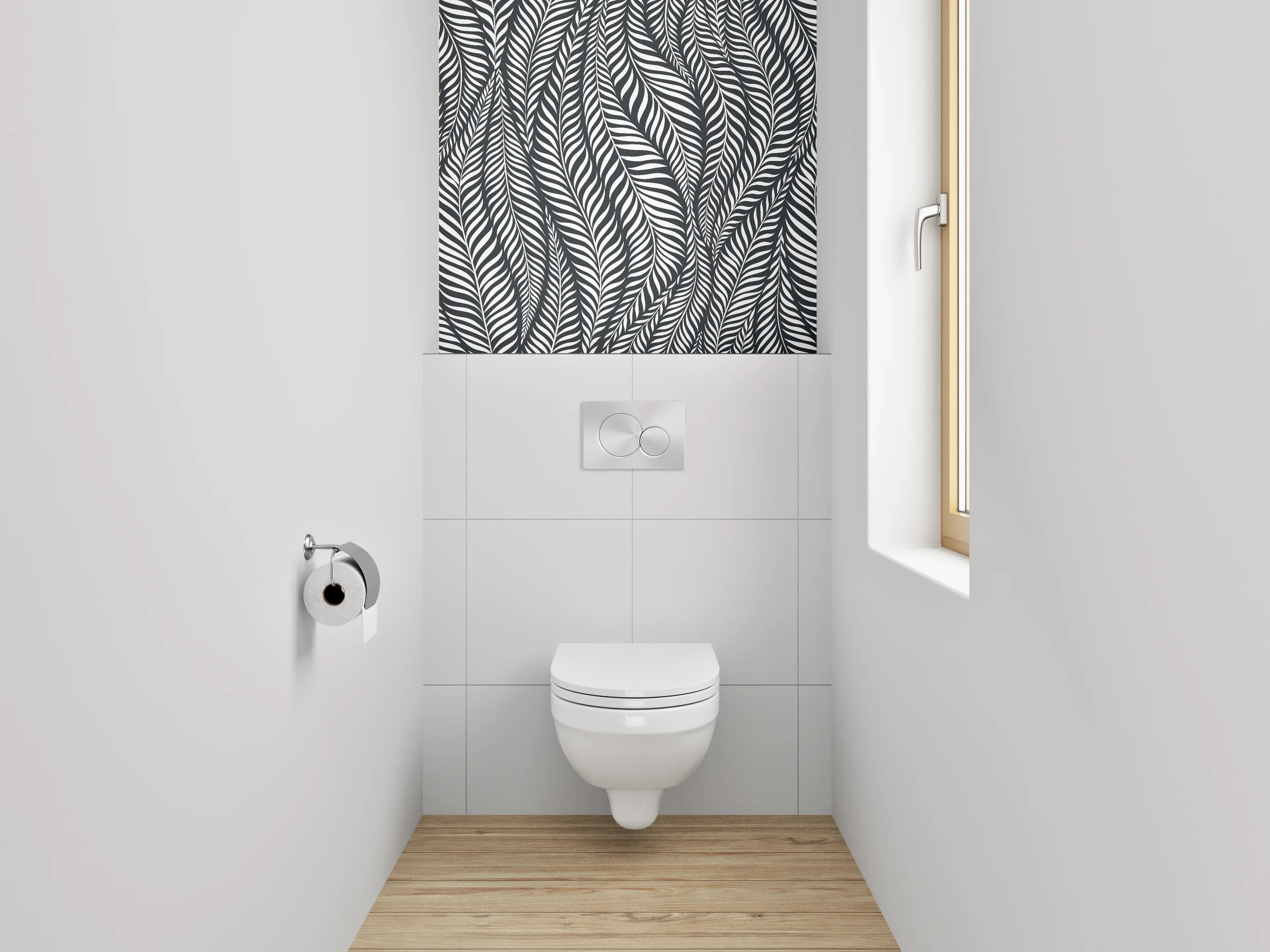 WC-Rückwand - Schwarz-Weiß Blätter Muster Grafik