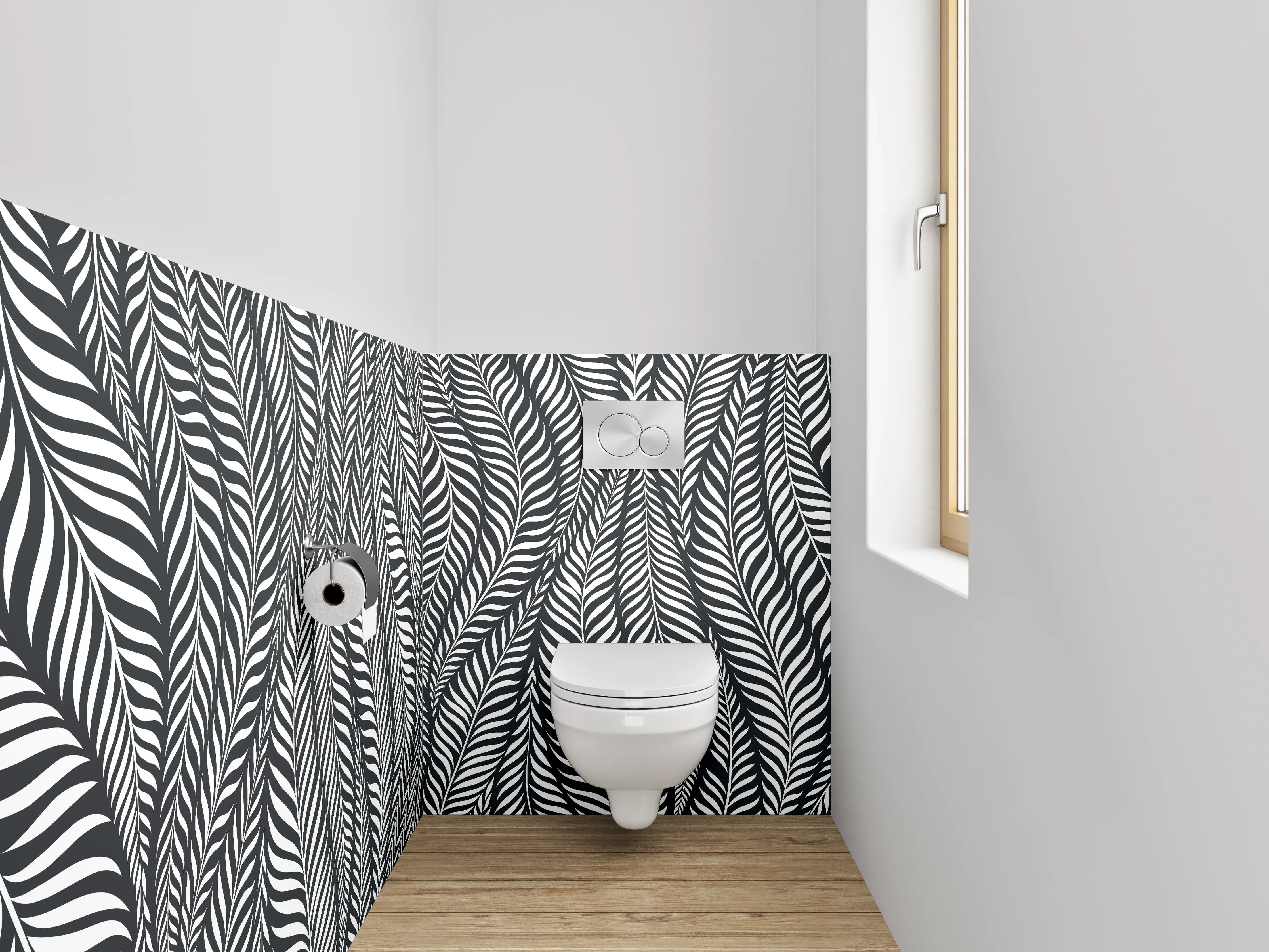 WC-Rückwand - Schwarz-Weiß Blätter Muster Grafik
