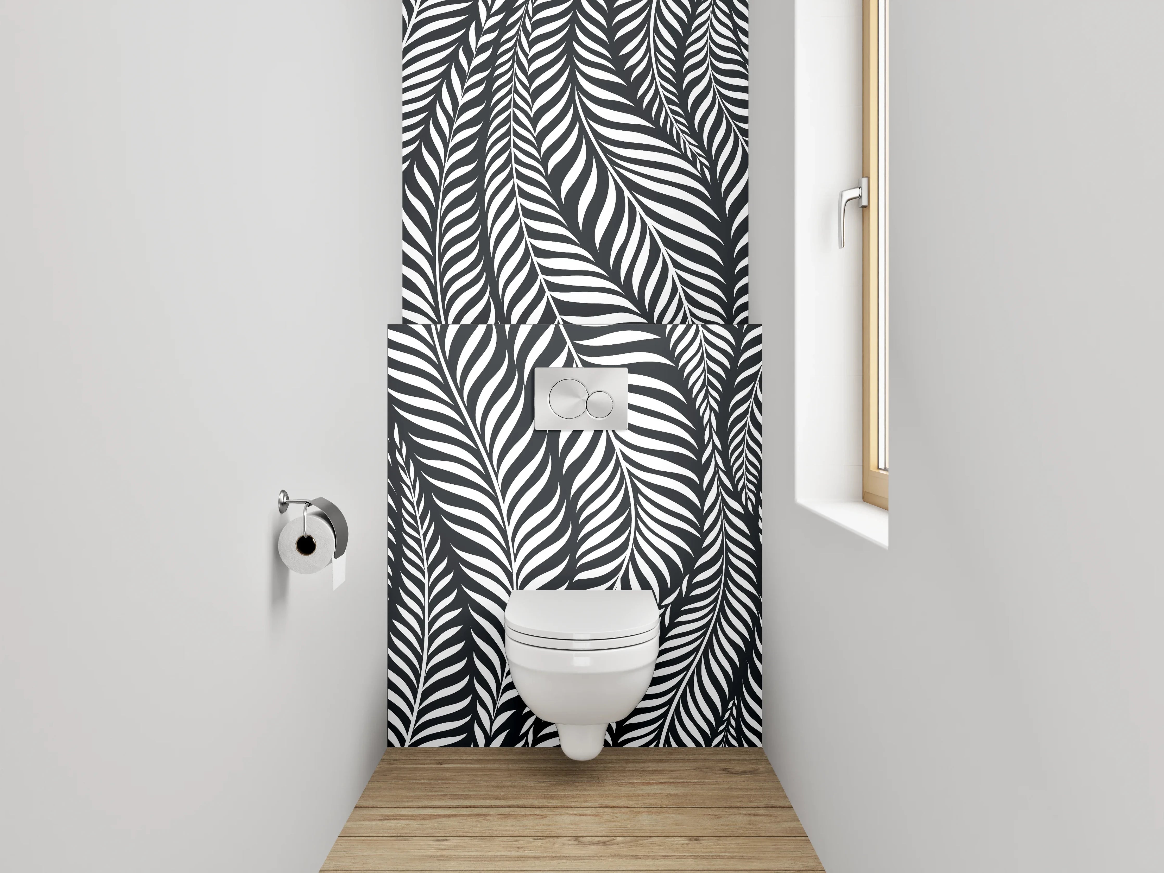 WC-Rückwand - Schwarz-Weiß Blätter Muster Grafik