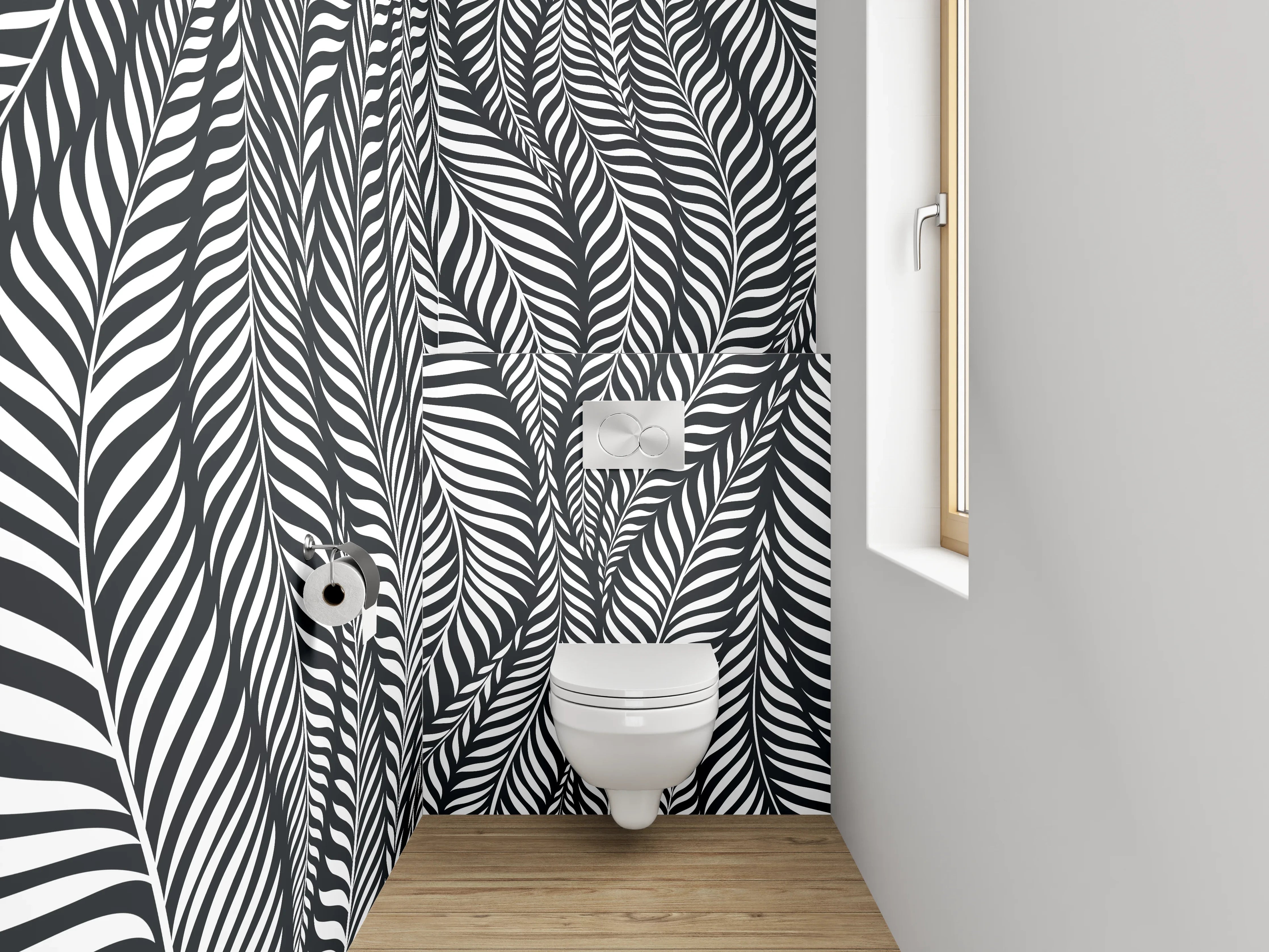 WC-Rückwand - Schwarz-Weiß Blätter Muster Grafik