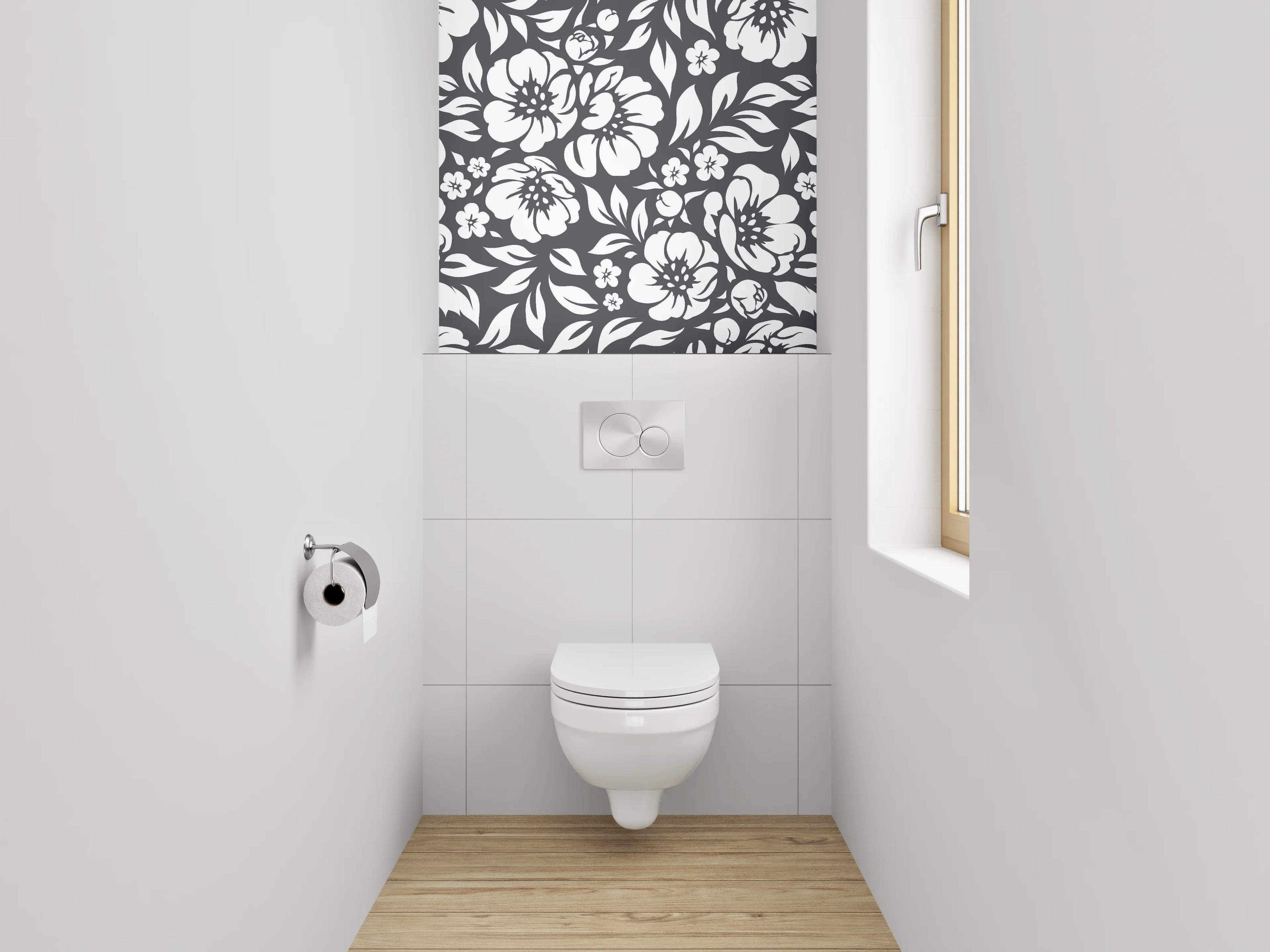 WC-Rückwand - Schwarz-Weiß-Blumen in zarten Grautönen