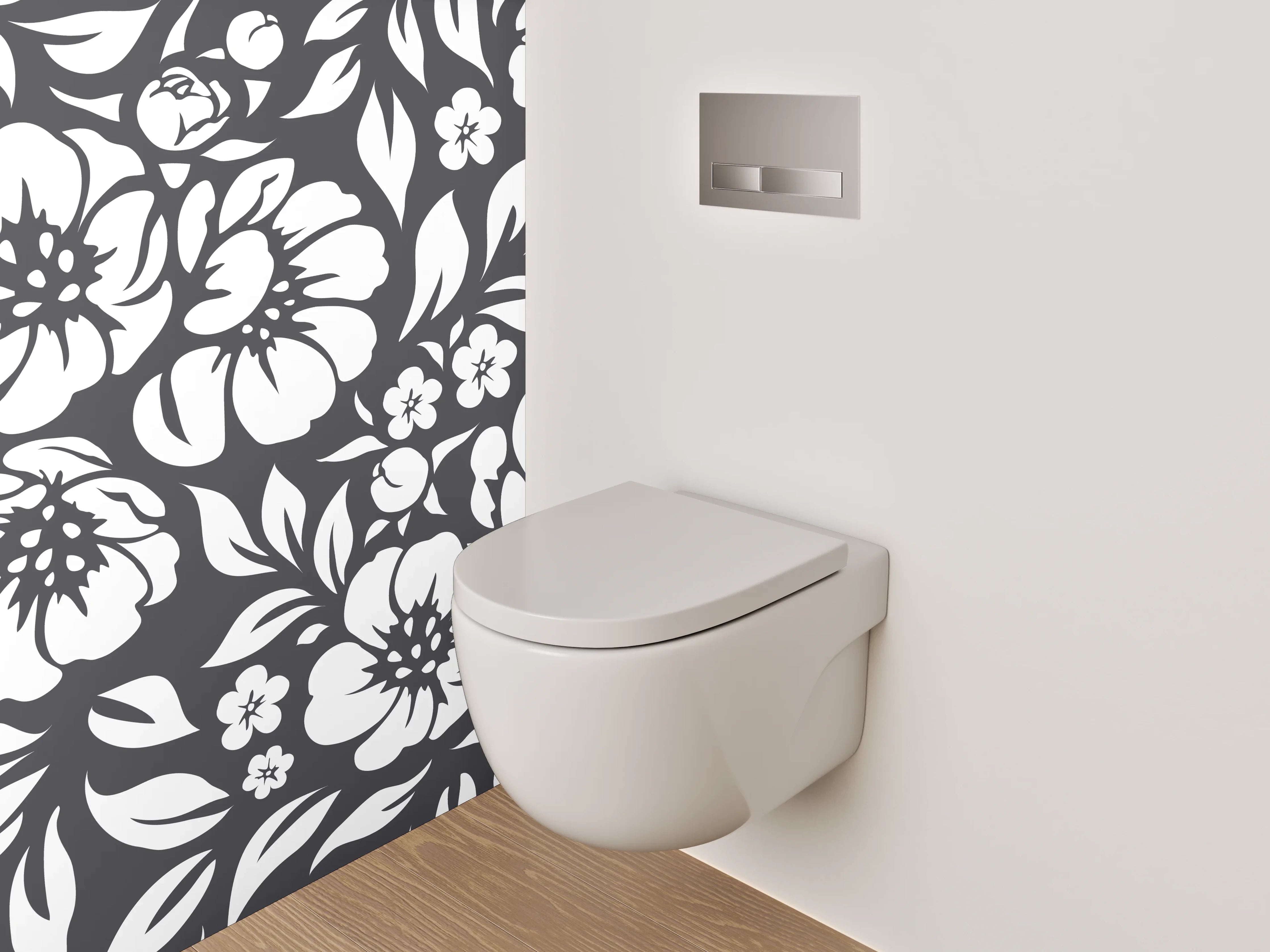 WC-Rückwand - Schwarz-Weiß-Blumen in zarten Grautönen
