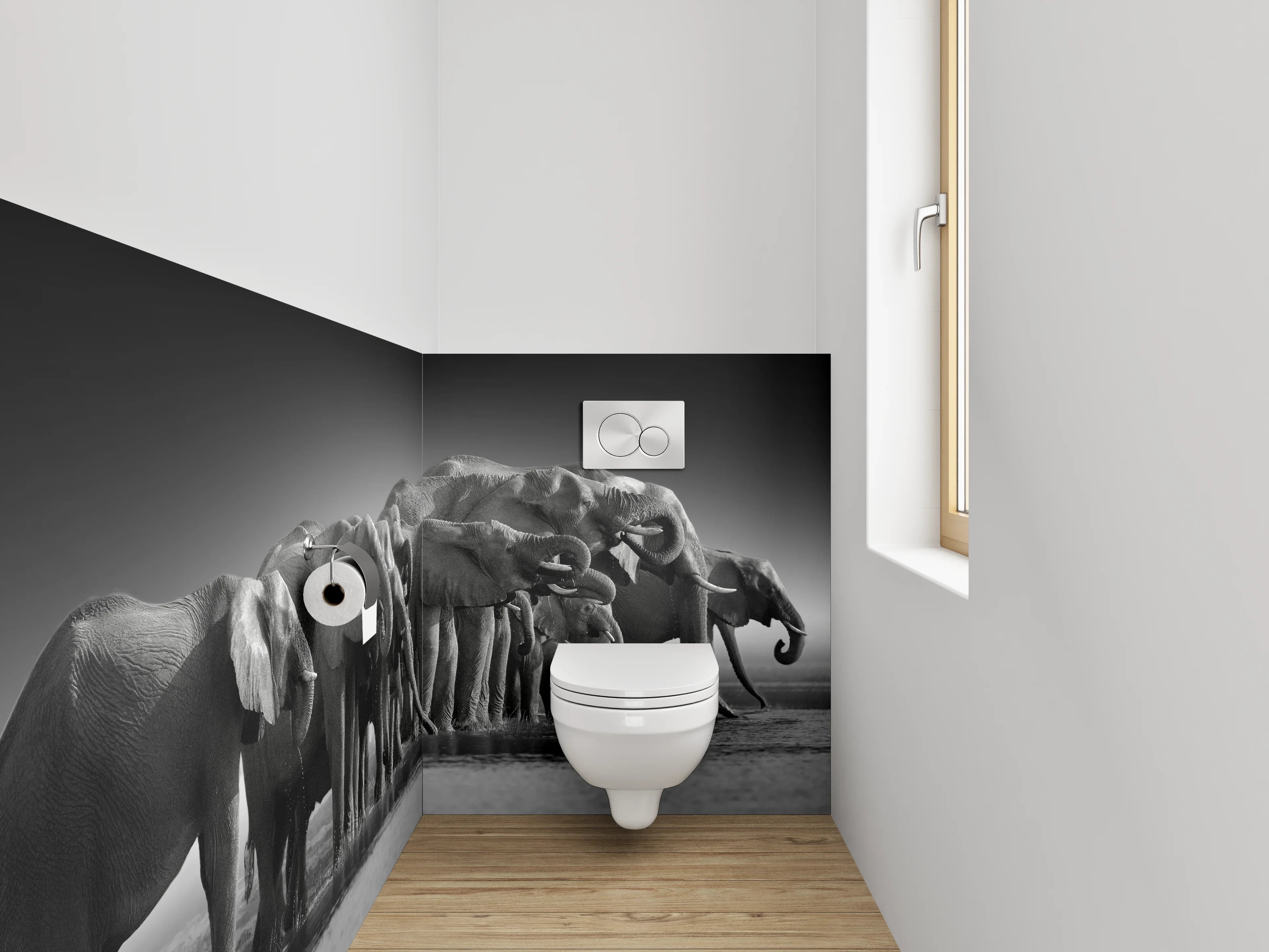 WC-Rückwand - Schwarz-Weiß Elefantenherde Savanne
