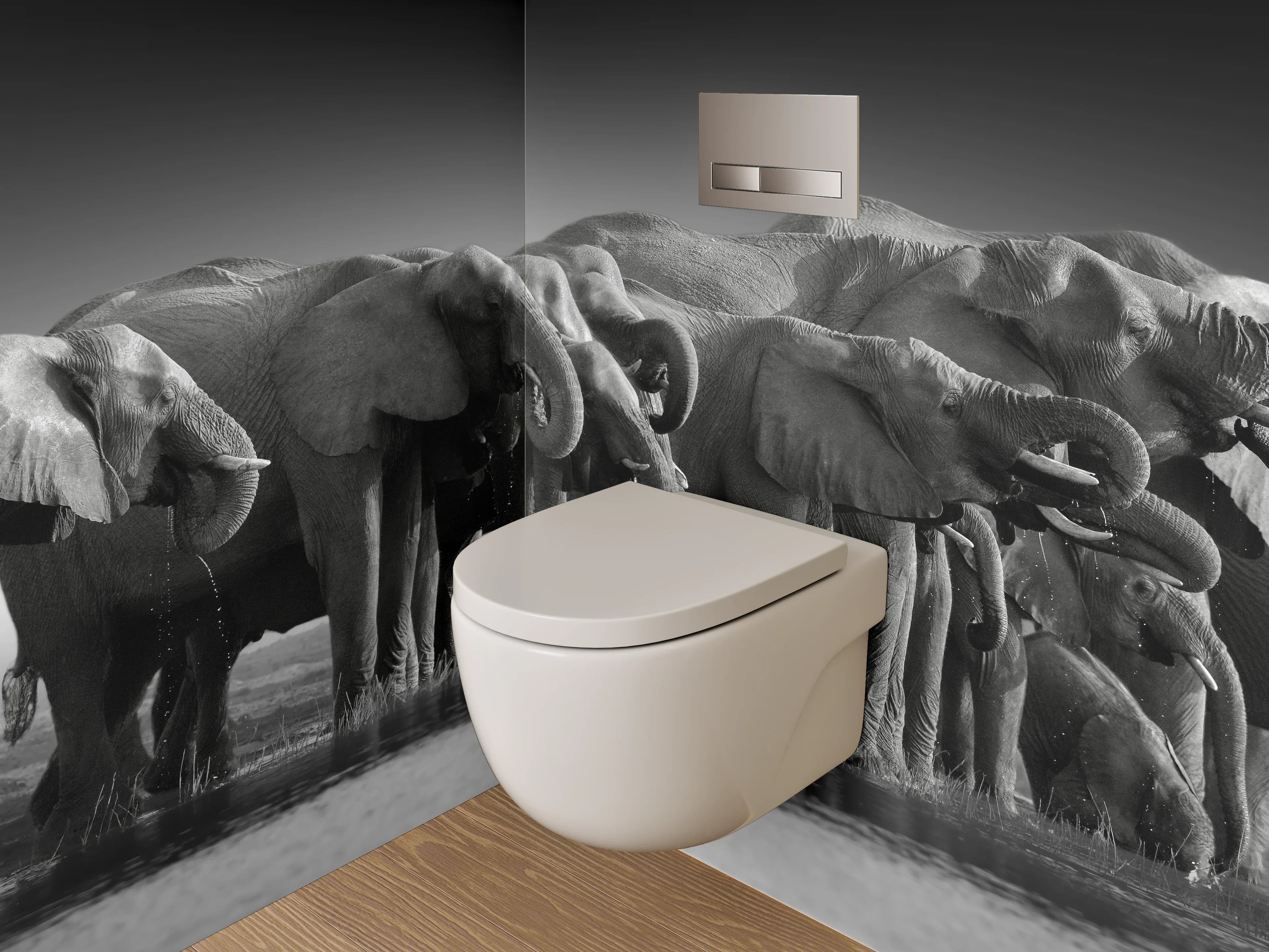 WC-Rückwand - Schwarz-Weiß Elefantenherde Savanne