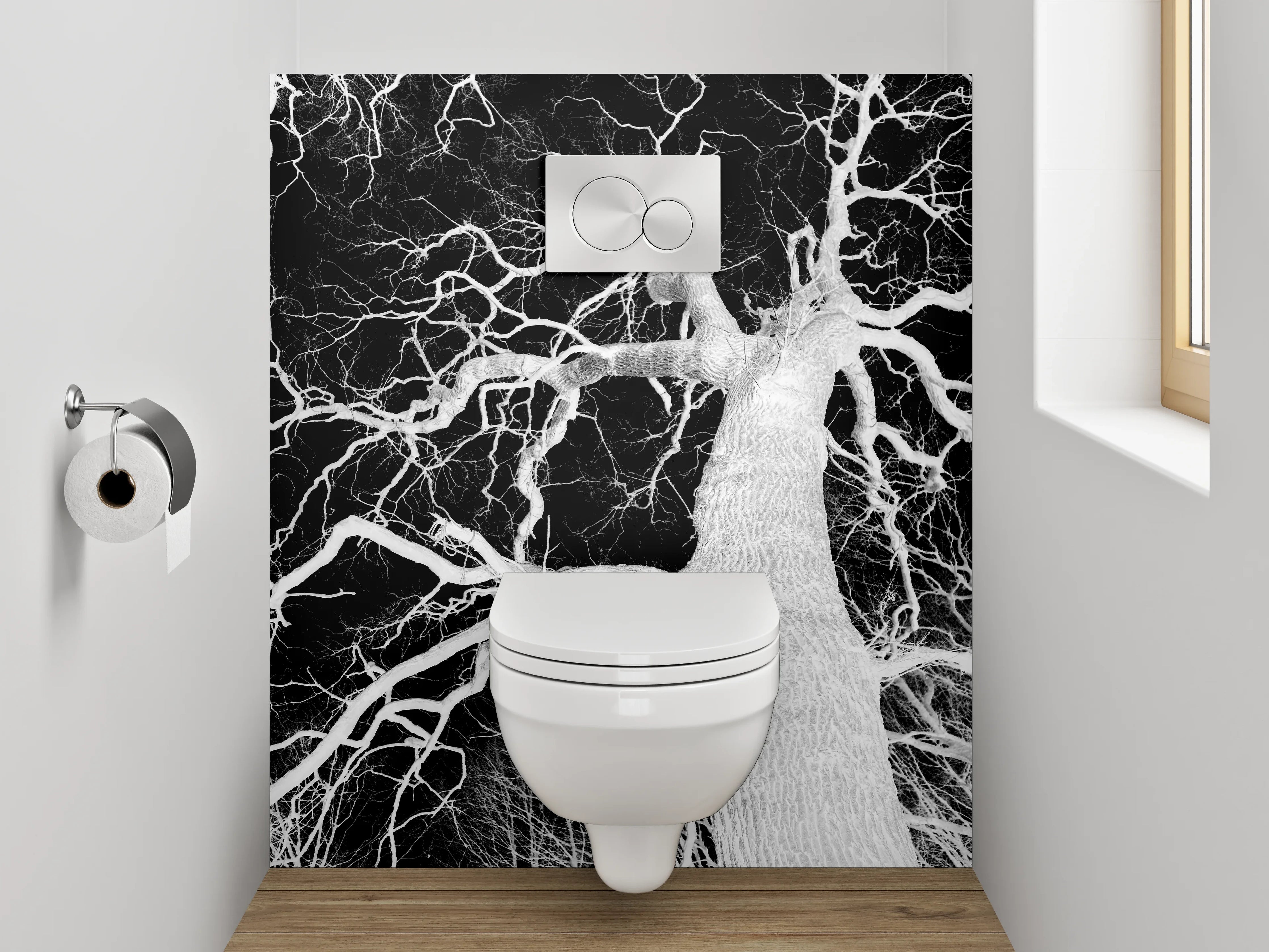 WC-Rückwand - Schwarz-Weiß Negativ Baumästhetik