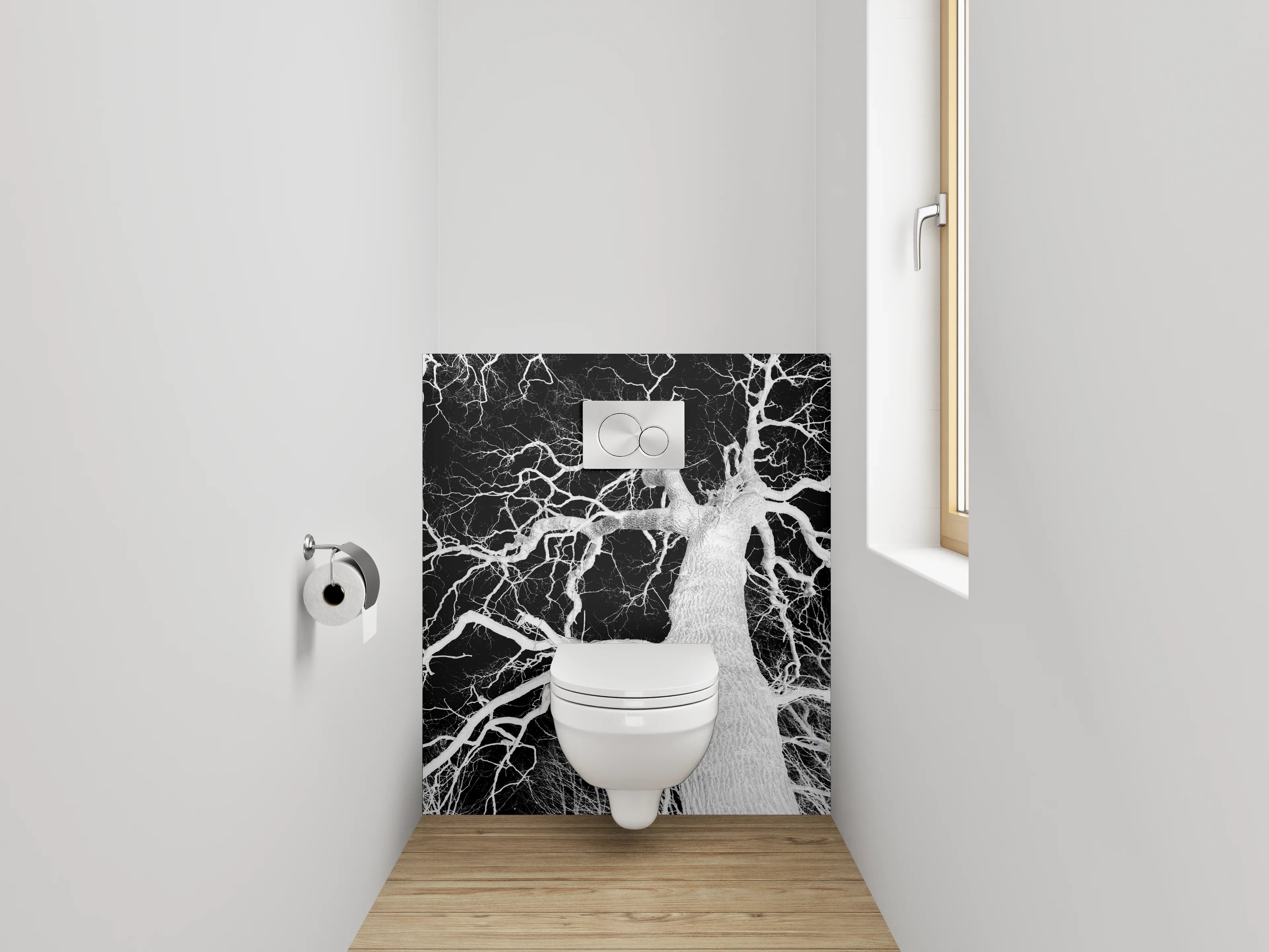 WC-Rückwand - Schwarz-Weiß Negativ Baumästhetik