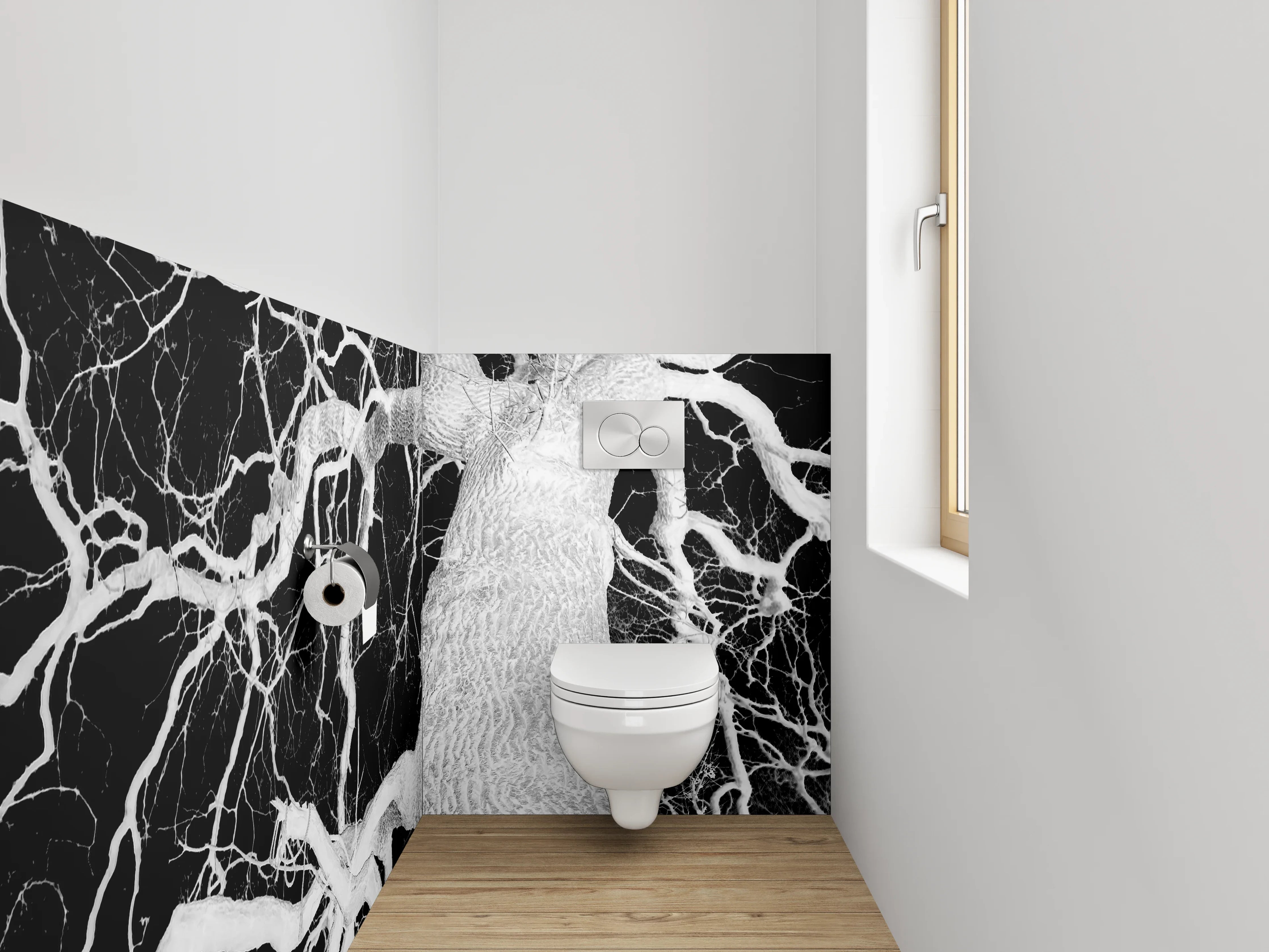 WC-Rückwand - Schwarz-Weiß Negativ Baumästhetik