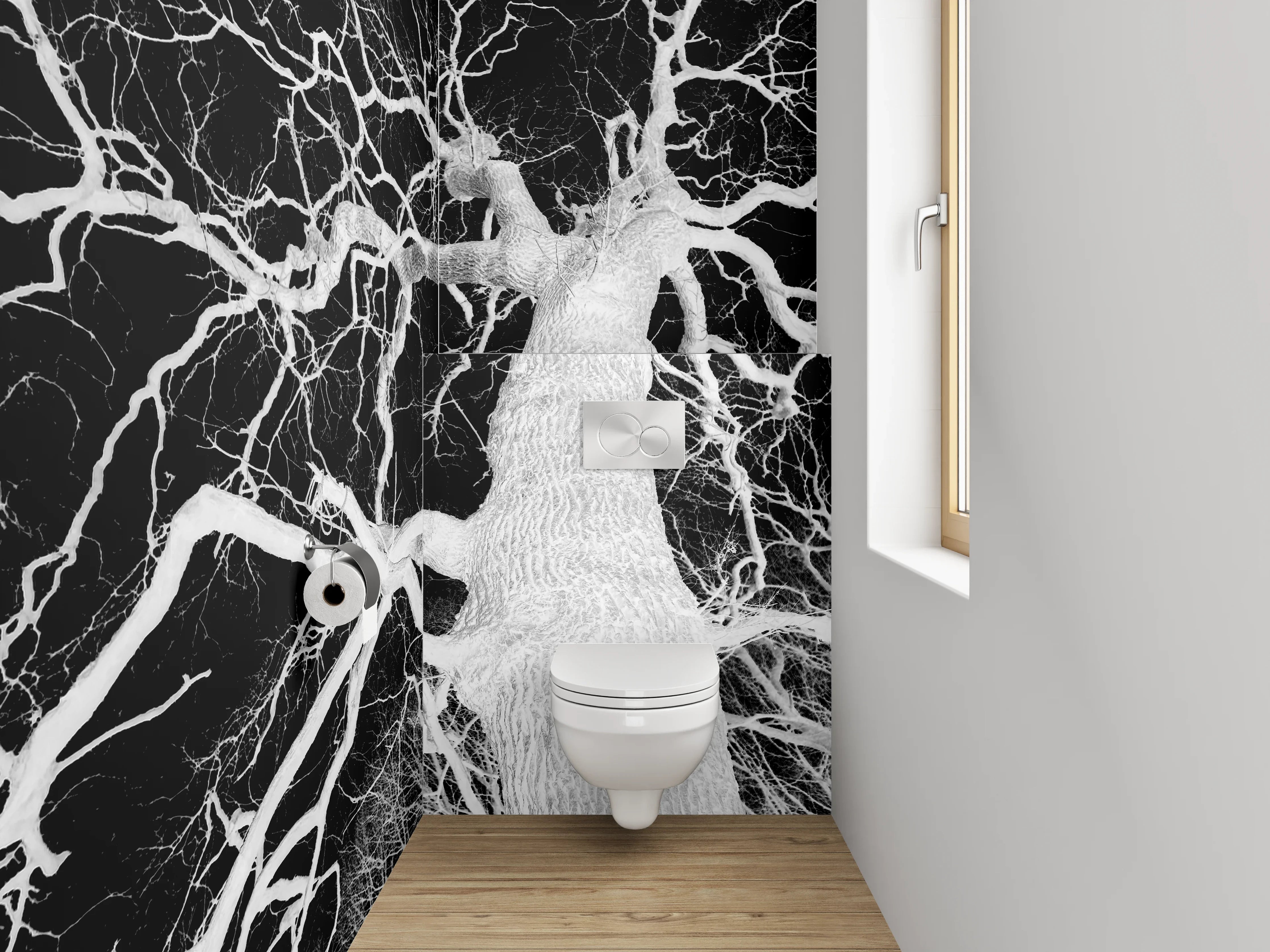 WC-Rückwand - Schwarz-Weiß Negativ Baumästhetik