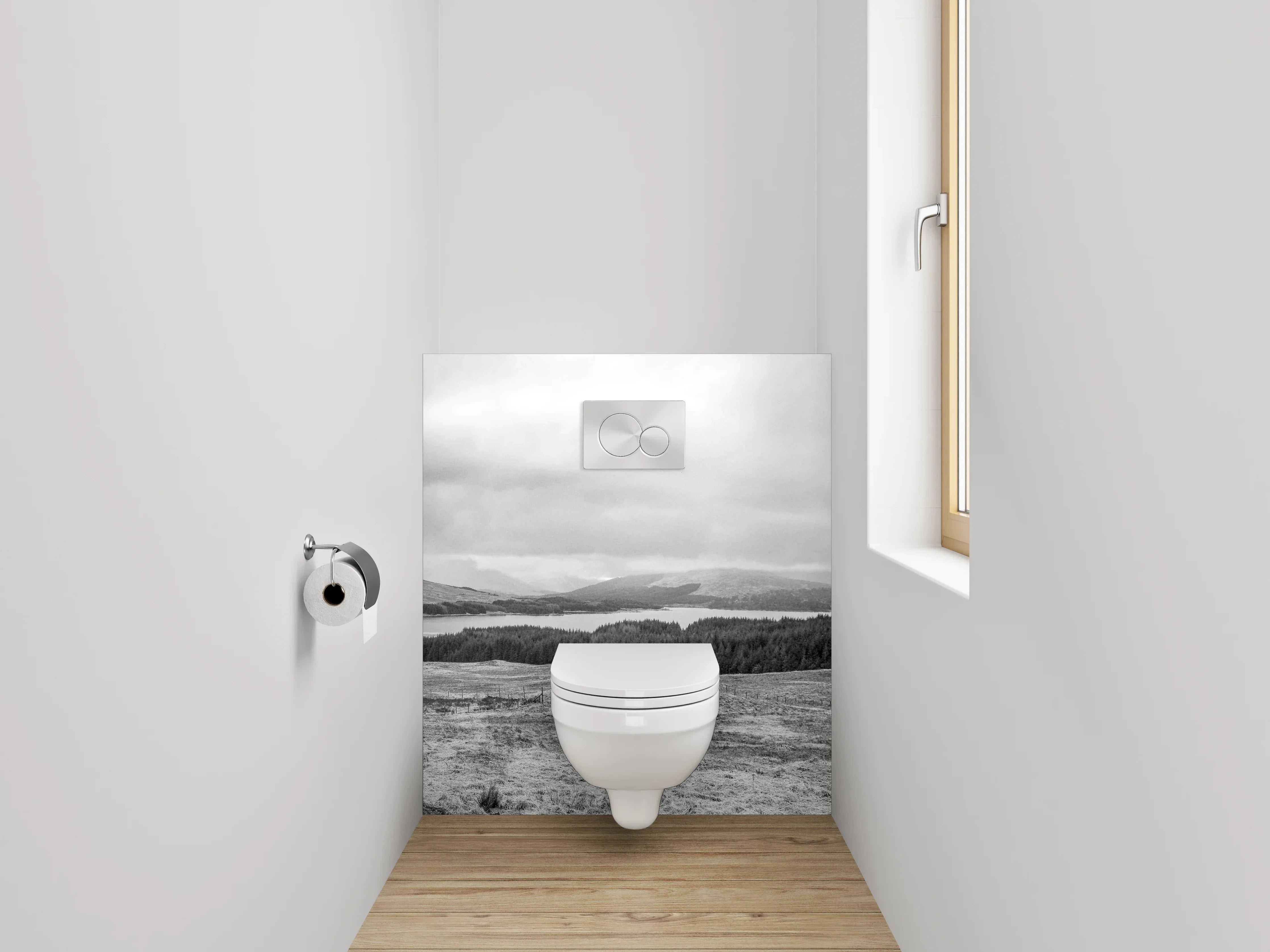 WC-Rückwand - Schwarz-Weiß Panoramalandschaft Berge See