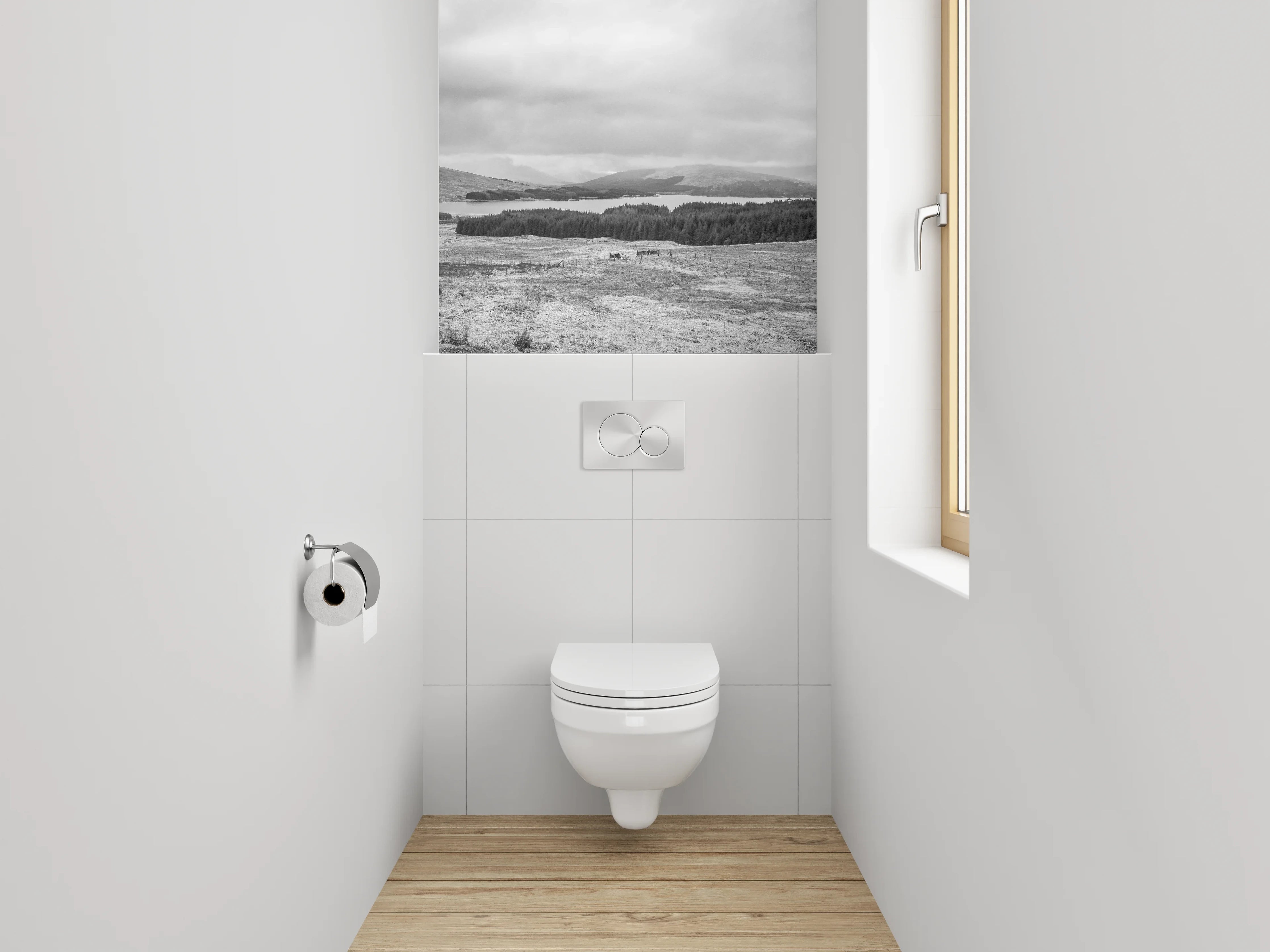 WC-Rückwand - Schwarz-Weiß Panoramalandschaft Berge See