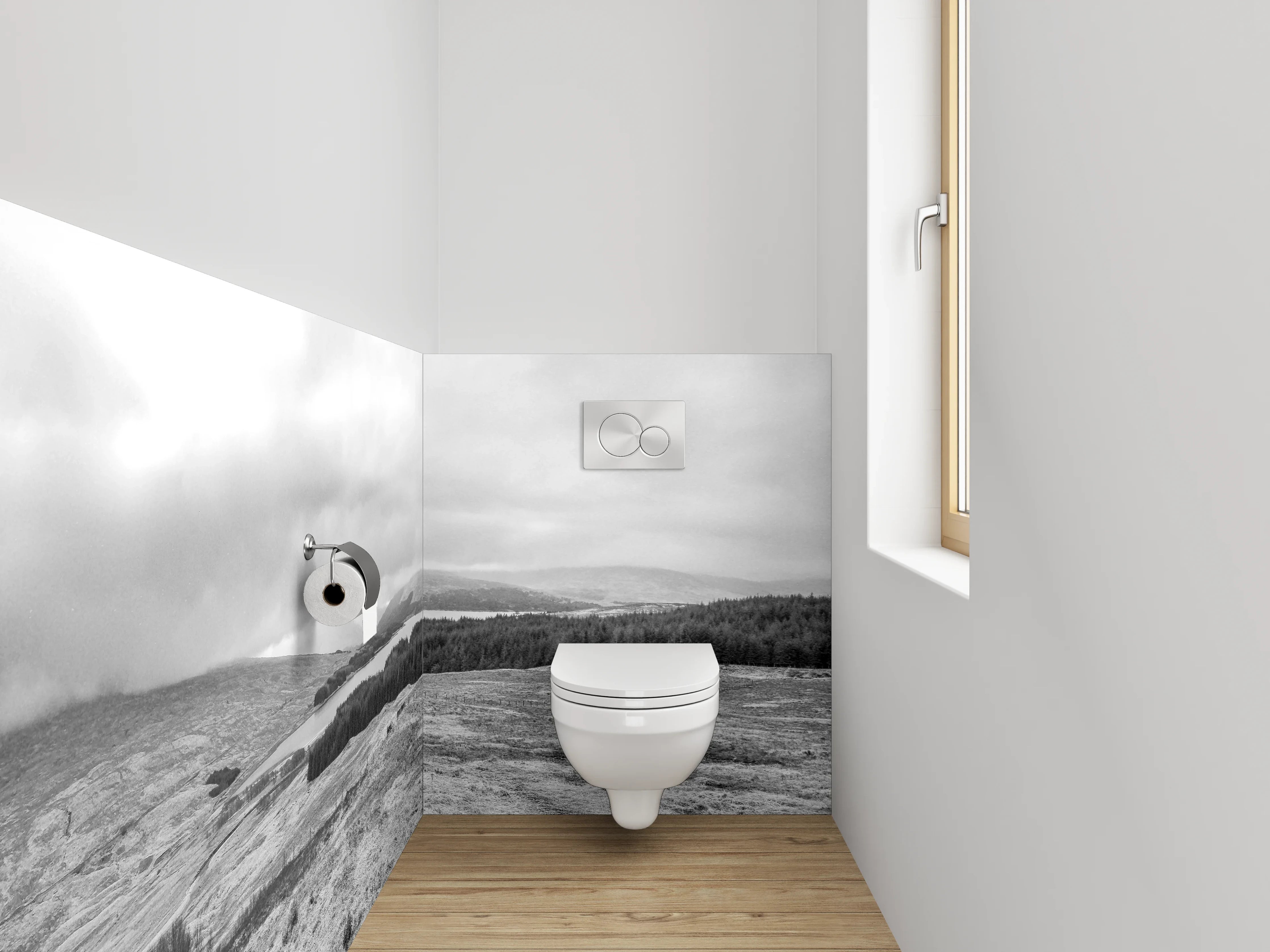 WC-Rückwand - Schwarz-Weiß Panoramalandschaft Berge See