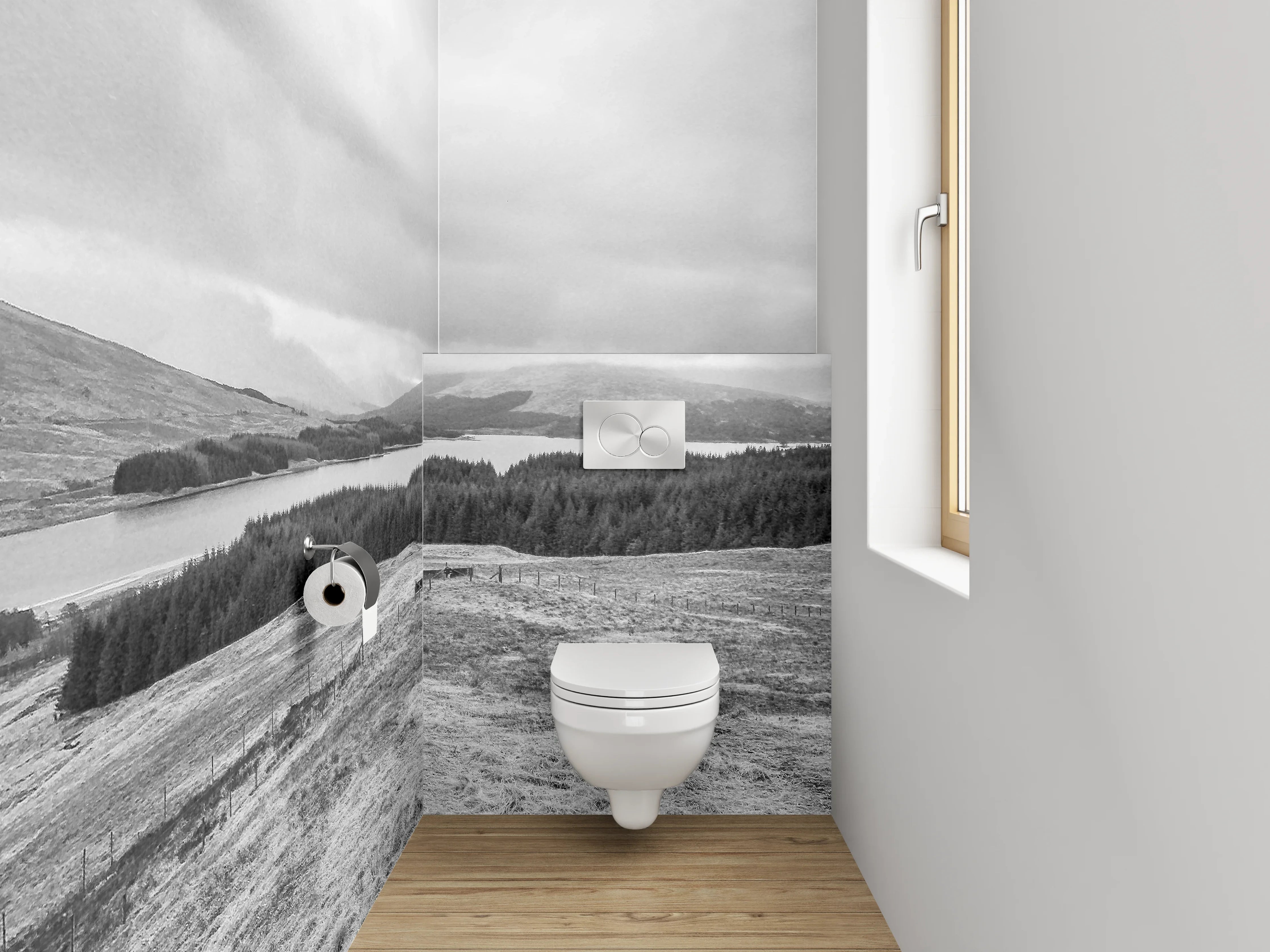 WC-Rückwand - Schwarz-Weiß Panoramalandschaft Berge See