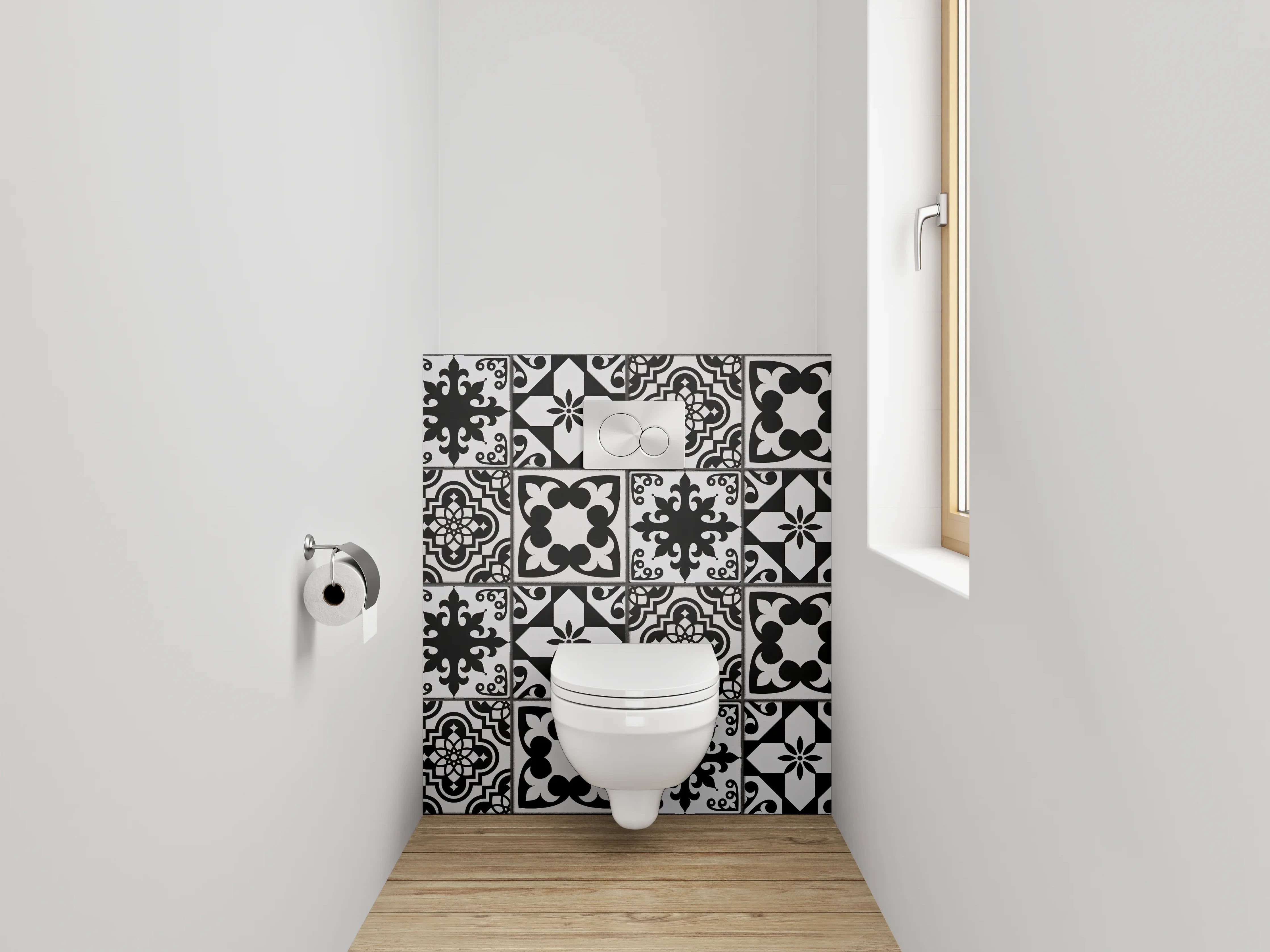 WC-Rückwand - Schwarz-Weiß Retro Musterfliese