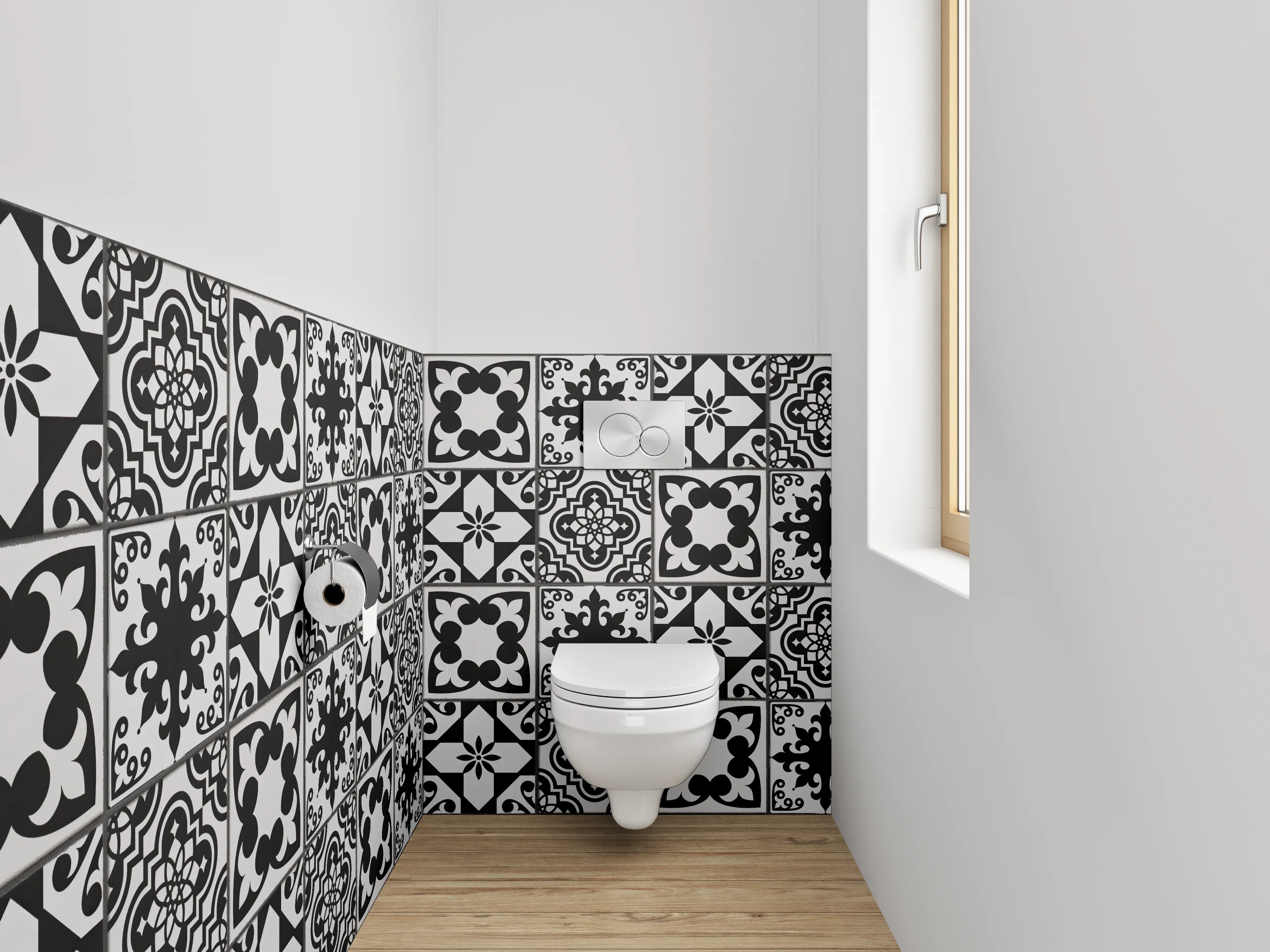 WC-Rückwand - Schwarz-Weiß Retro Musterfliese