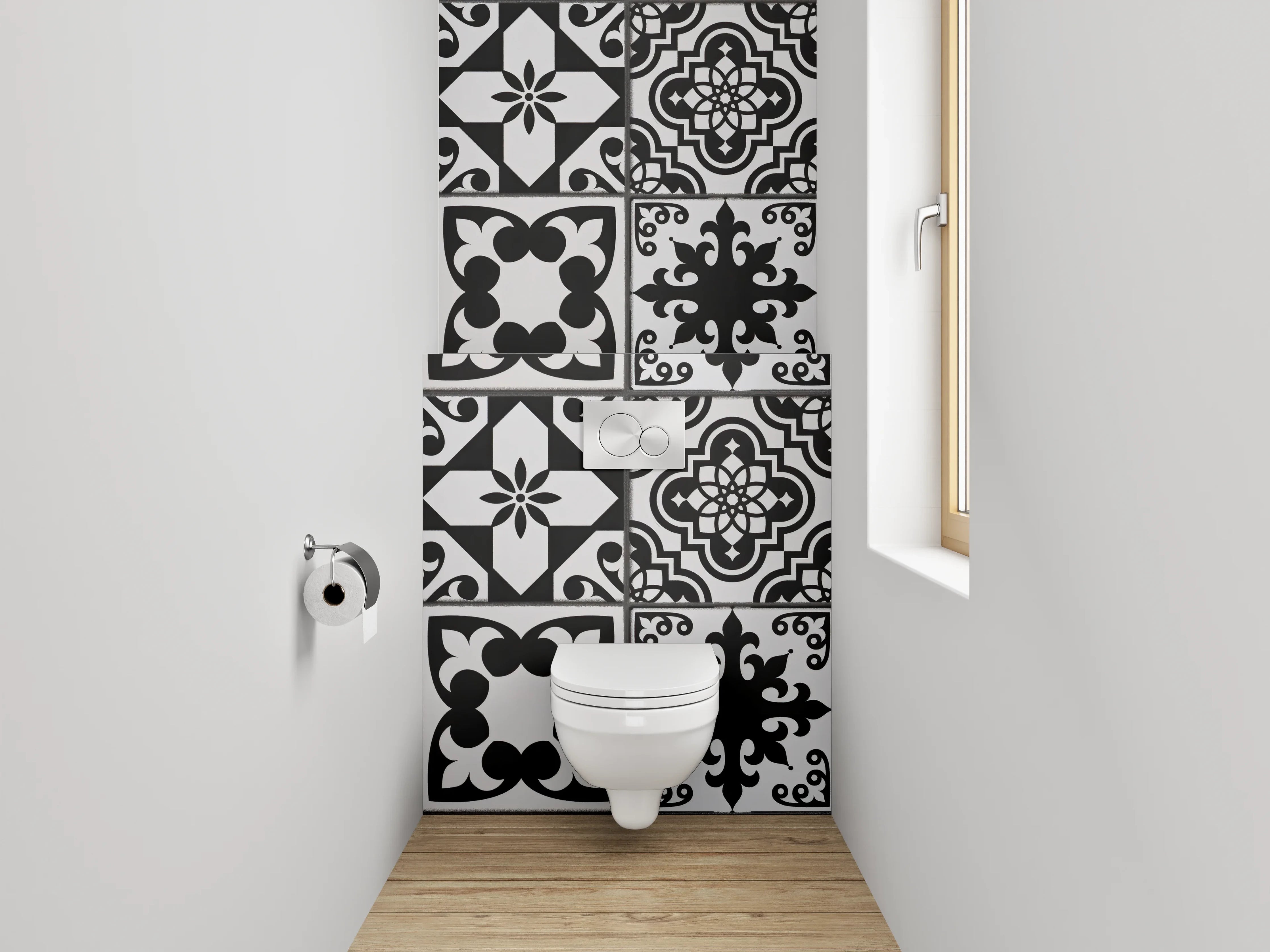 WC-Rückwand - Schwarz-Weiß Retro Musterfliese