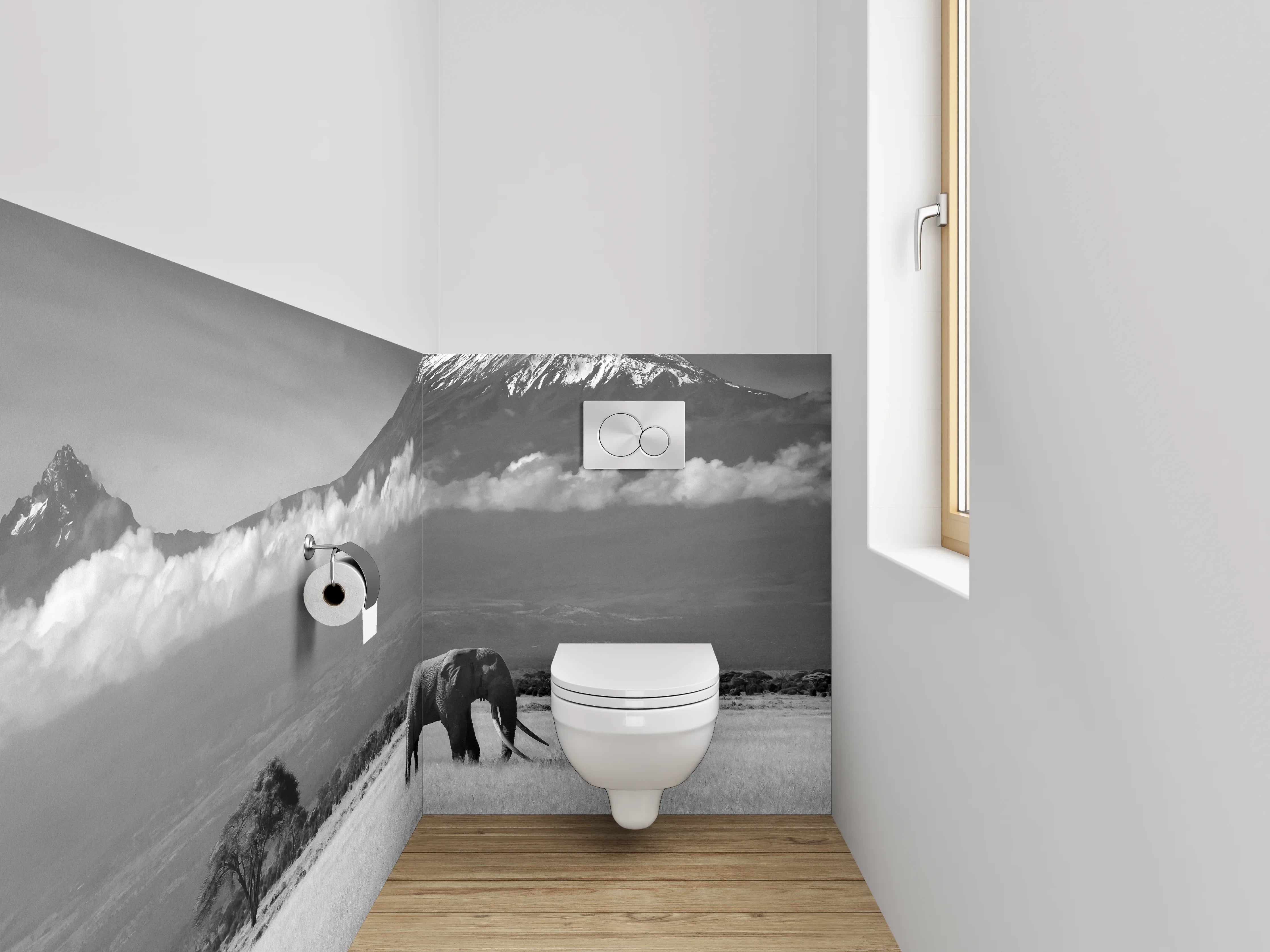 WC-Rückwand - Schwarz-Weiß Safari Elefant Landschaft