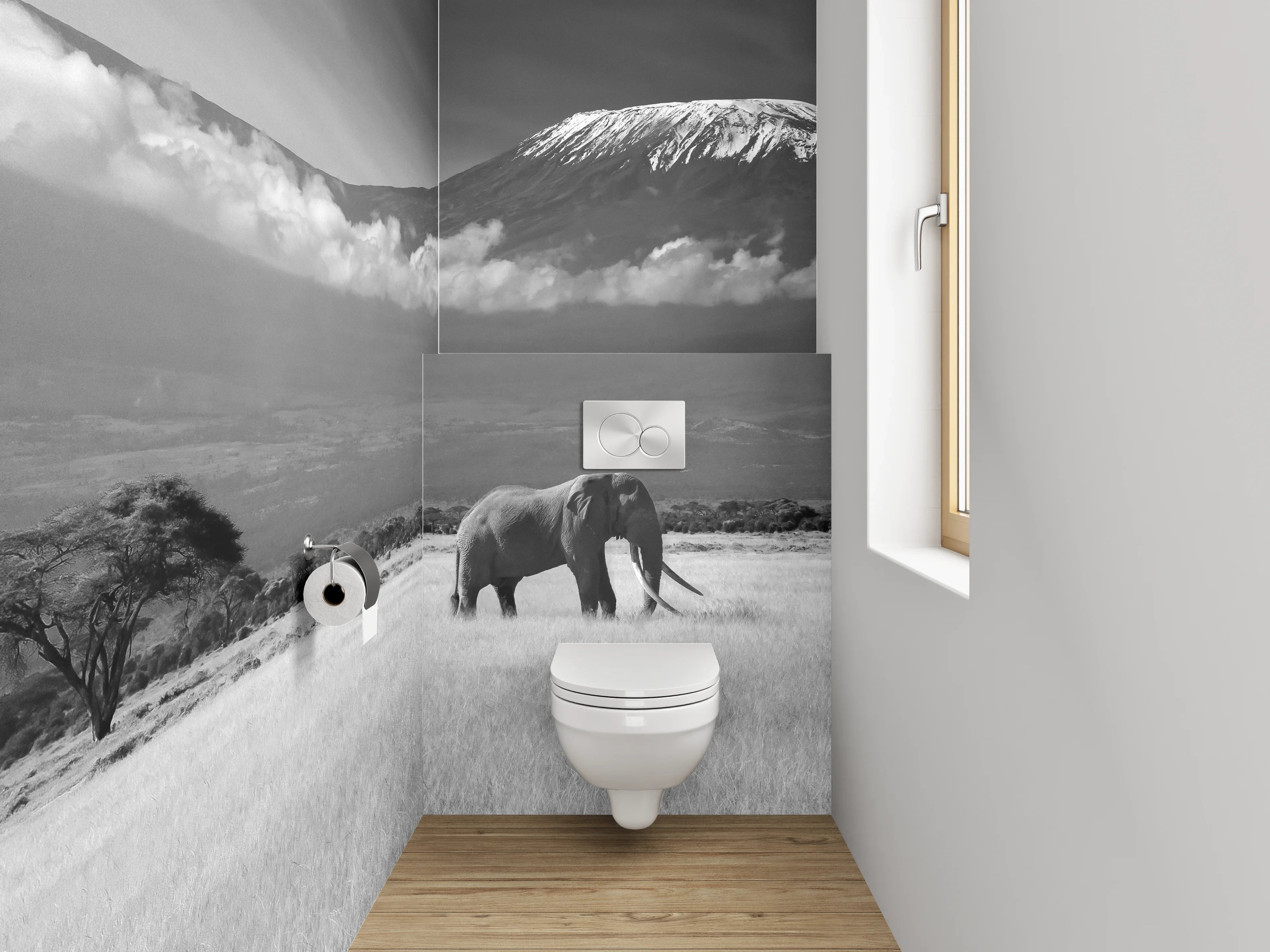WC-Rückwand - Schwarz-Weiß Safari Elefant Landschaft