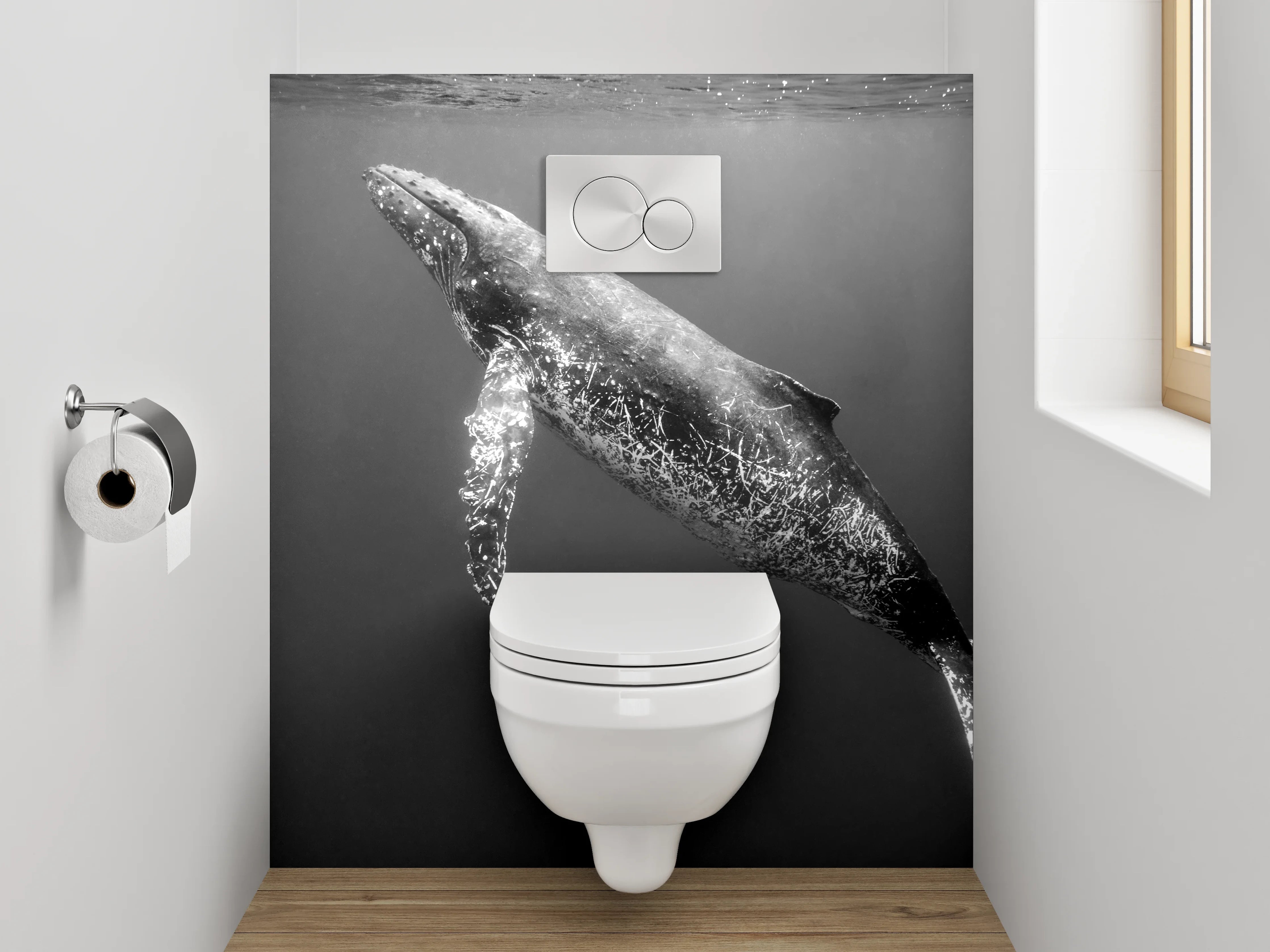 WC-Rückwand - Schwarz-Weiß Wal Unterwasser