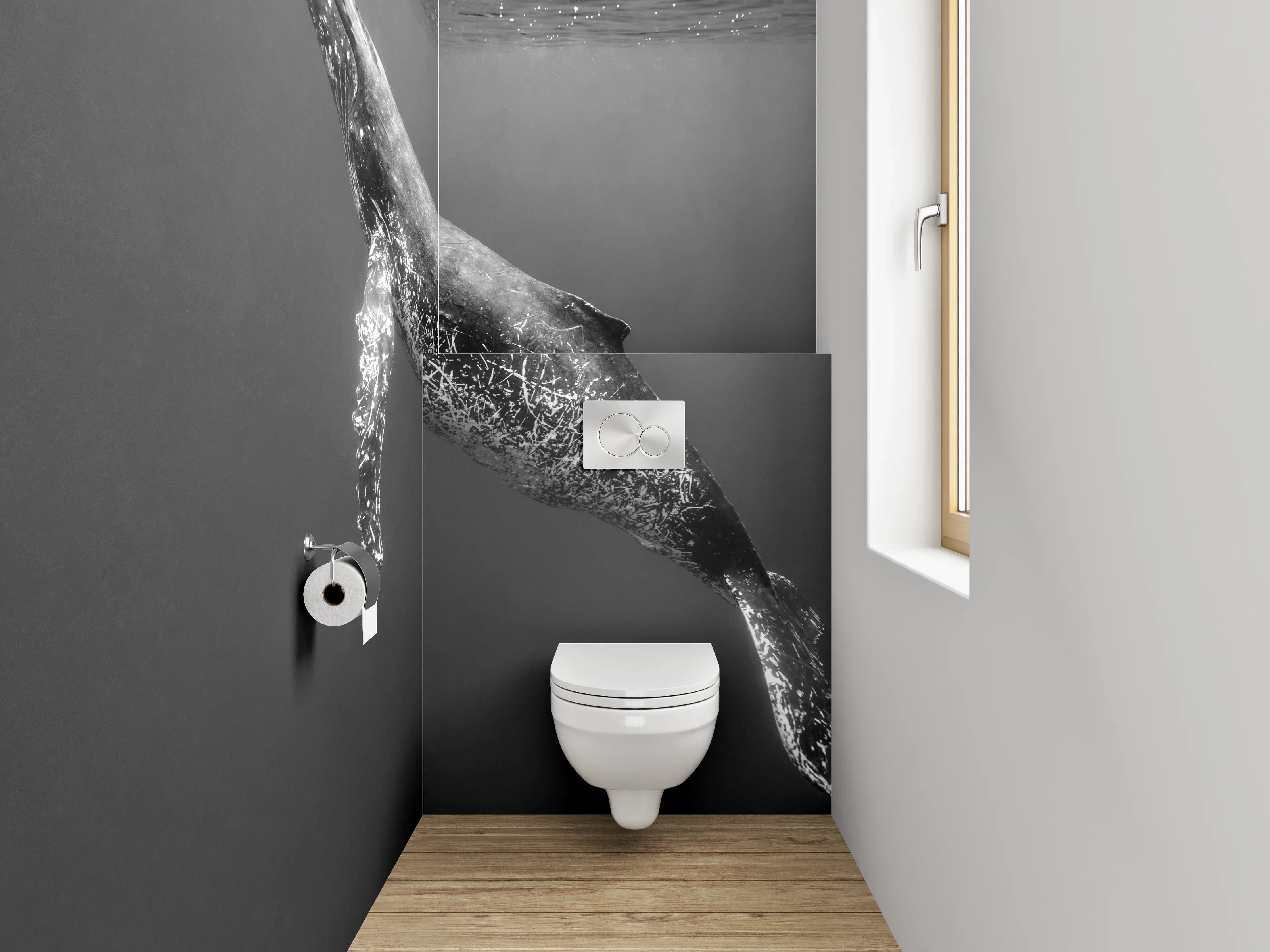 WC-Rückwand - Schwarz-Weiß Wal Unterwasser