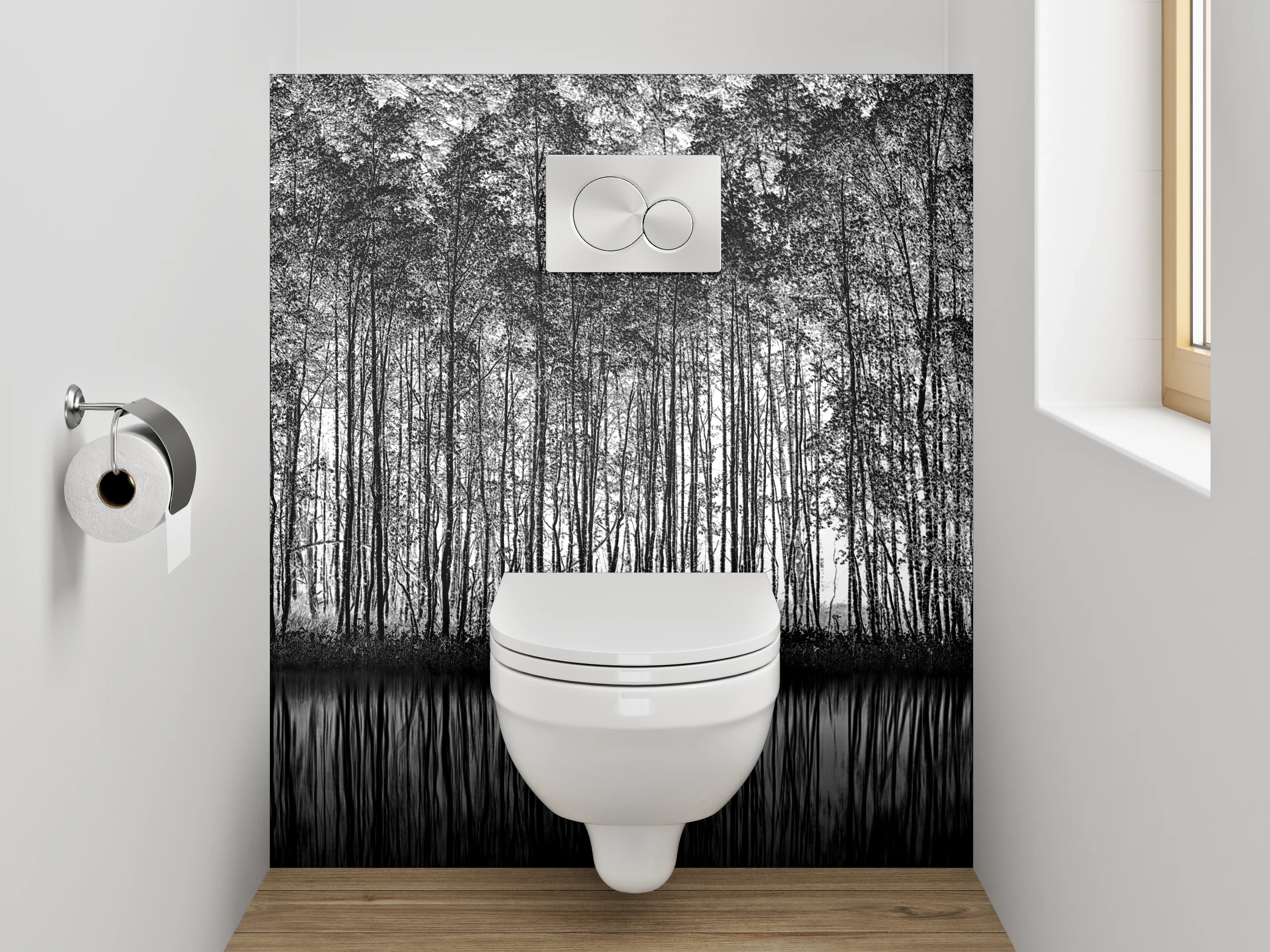 WC-Rückwand - Schwarz-Weiß Wald Spiegelung Fotokunst