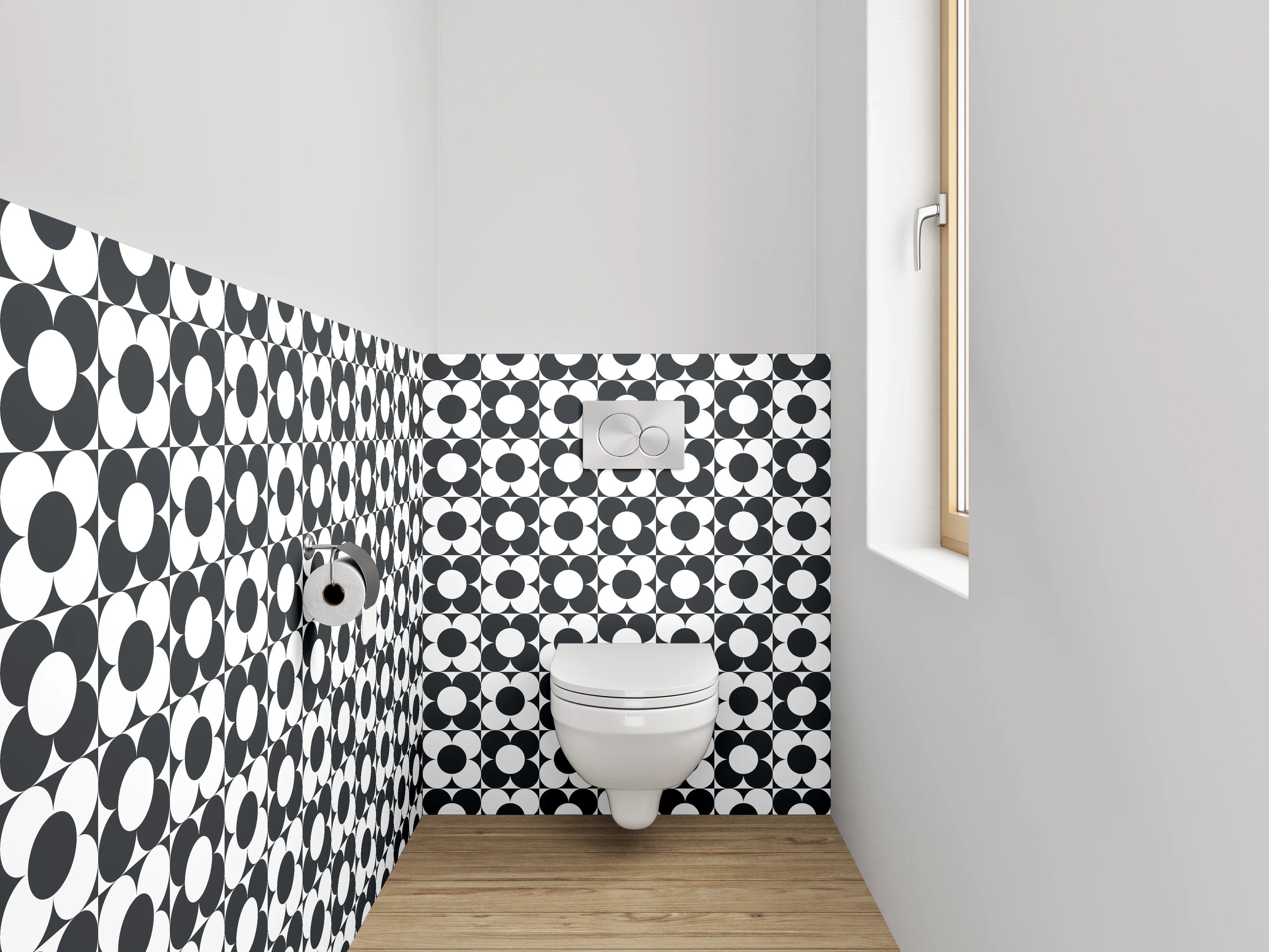 WC-Rückwand - Schwarz-weiß Kreismuster Retro Flair