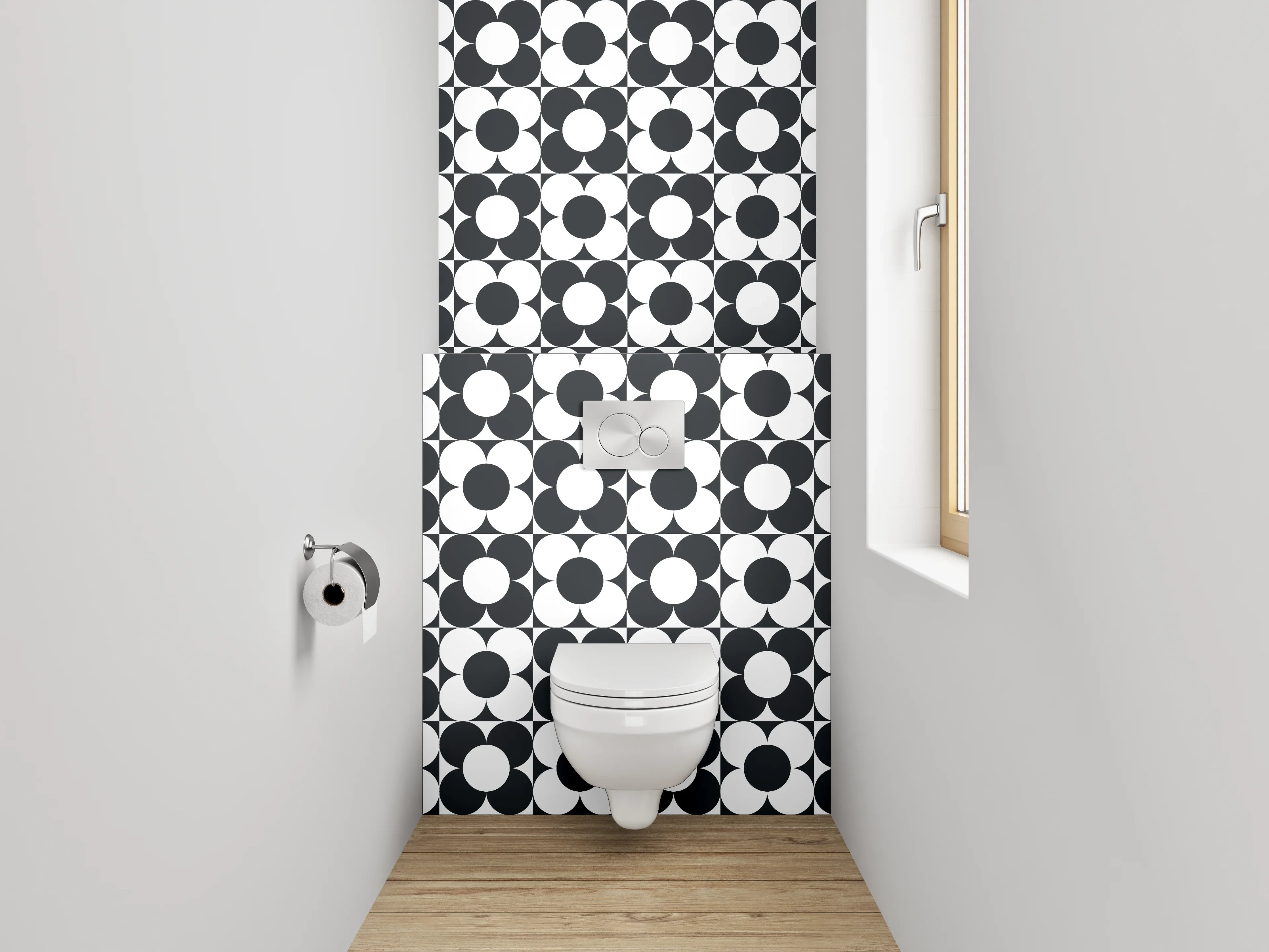 WC-Rückwand - Schwarz-weiß Kreismuster Retro Flair
