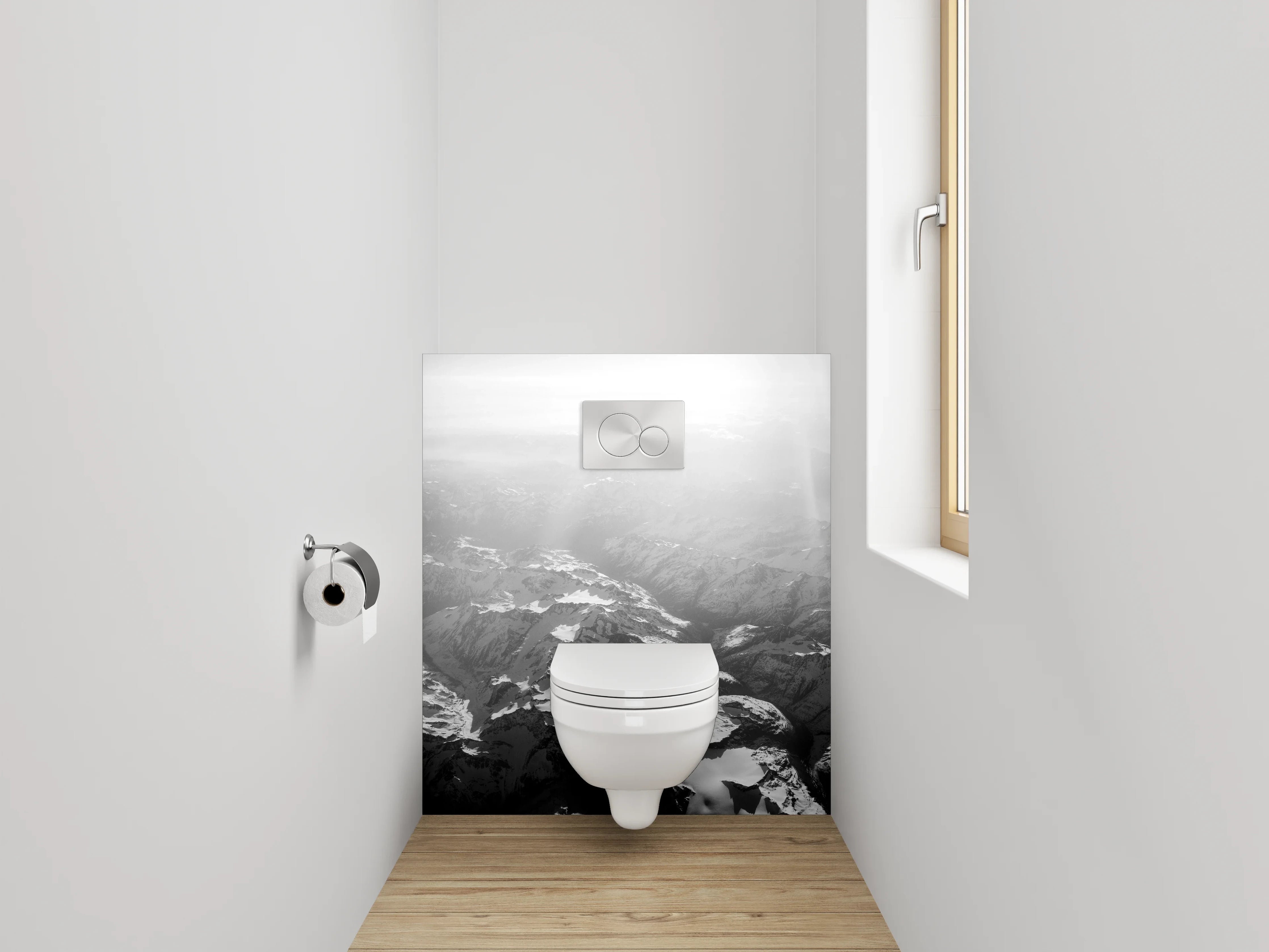 WC-Rückwand - Schwarz-weiße Alpen-Landschaft aus der Luft