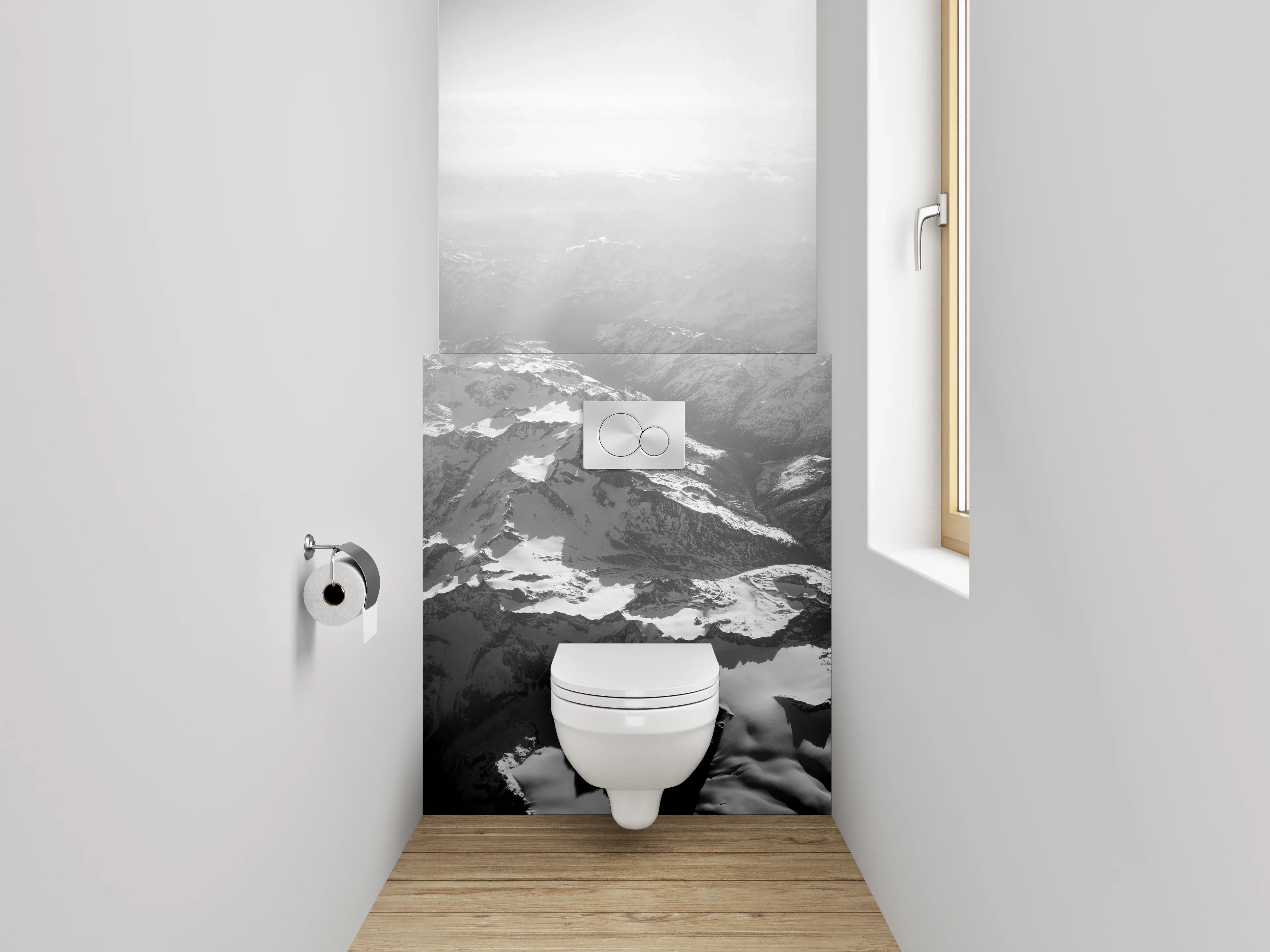 WC-Rückwand - Schwarz-weiße Alpen-Landschaft aus der Luft