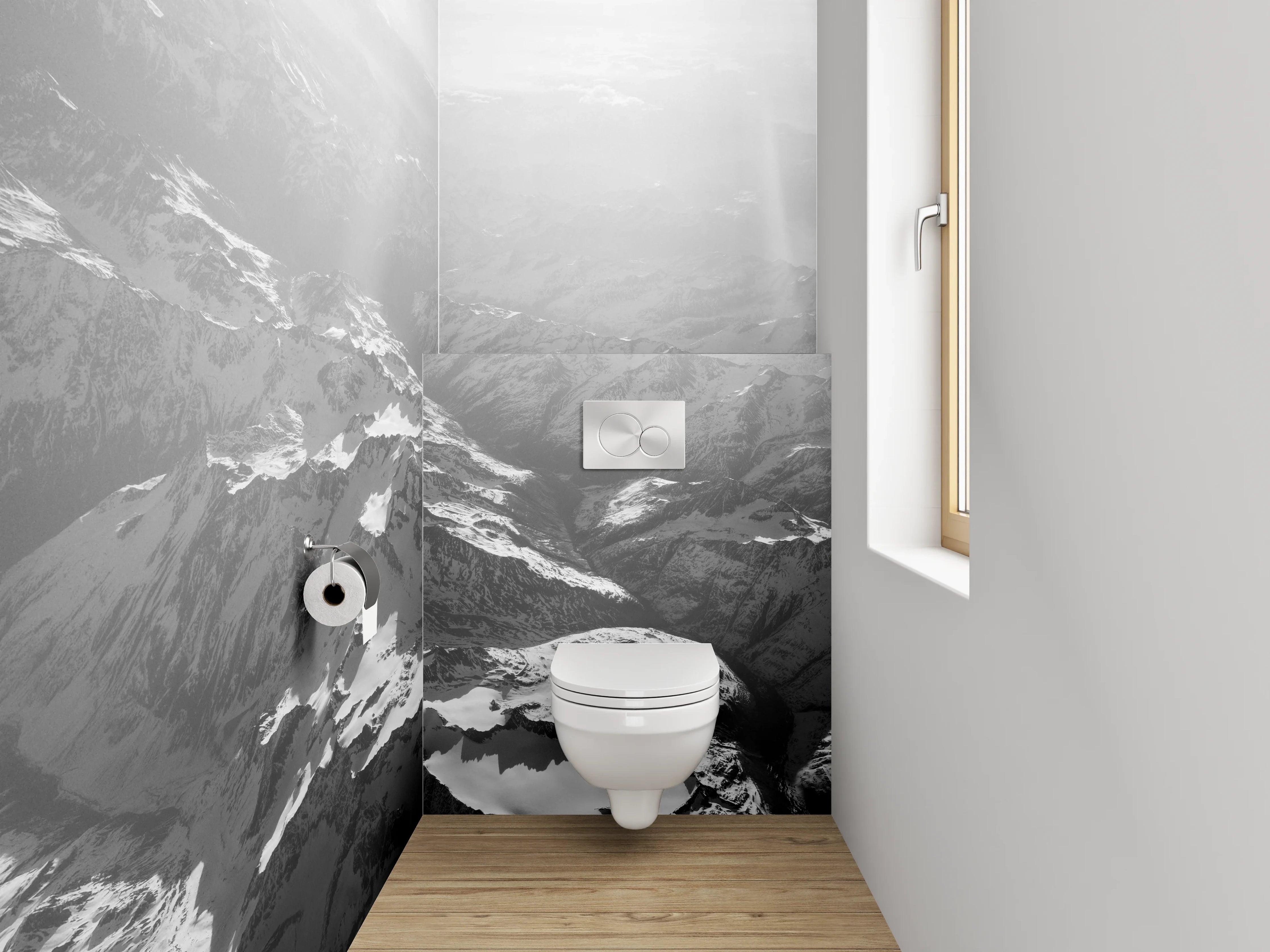 WC-Rückwand - Schwarz-weiße Alpen-Landschaft aus der Luft