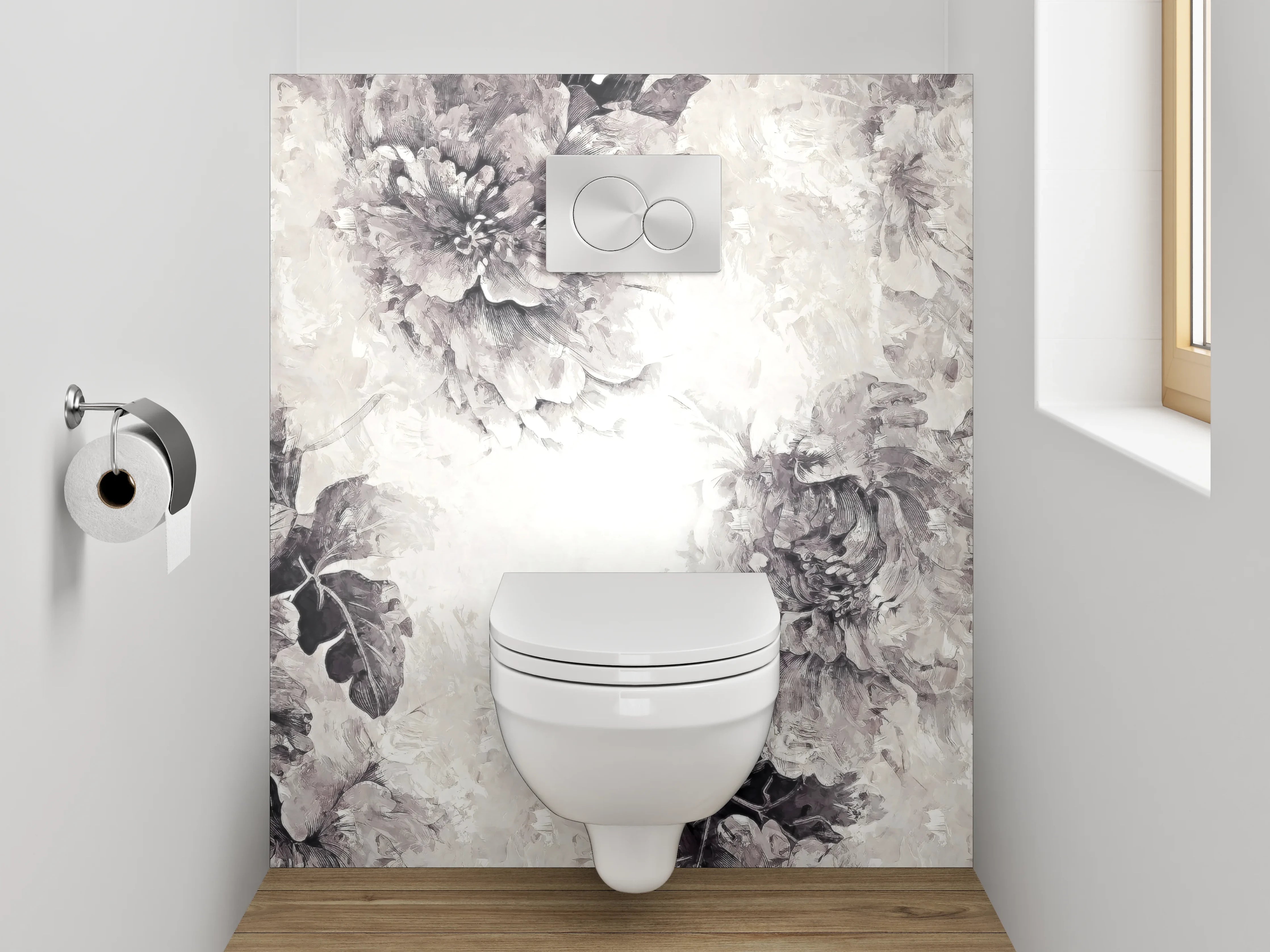 WC-Rückwand - Schwarz-weiße Aquarell-Blumen auf Weiß