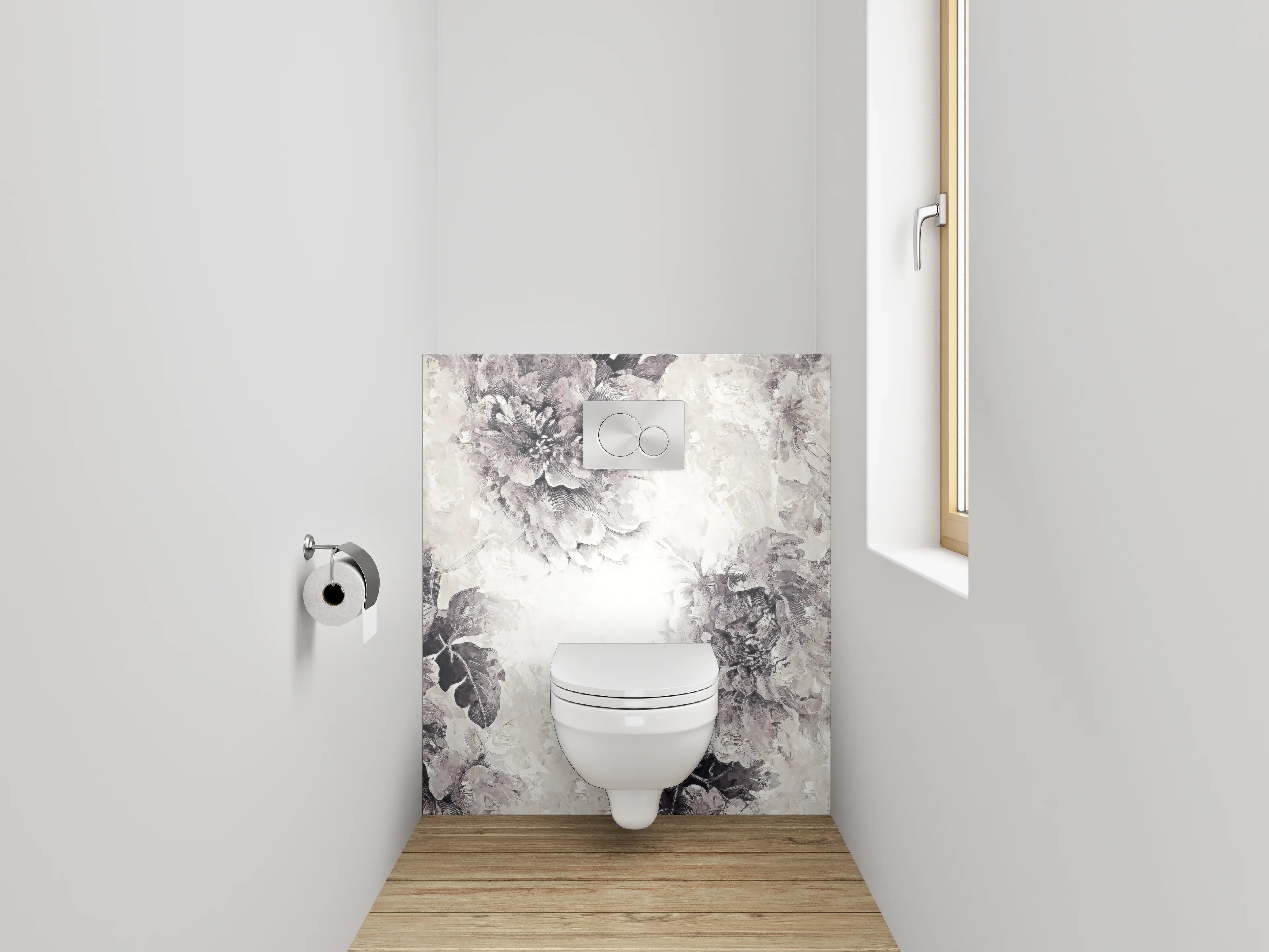 WC-Rückwand - Schwarz-weiße Aquarell-Blumen auf Weiß