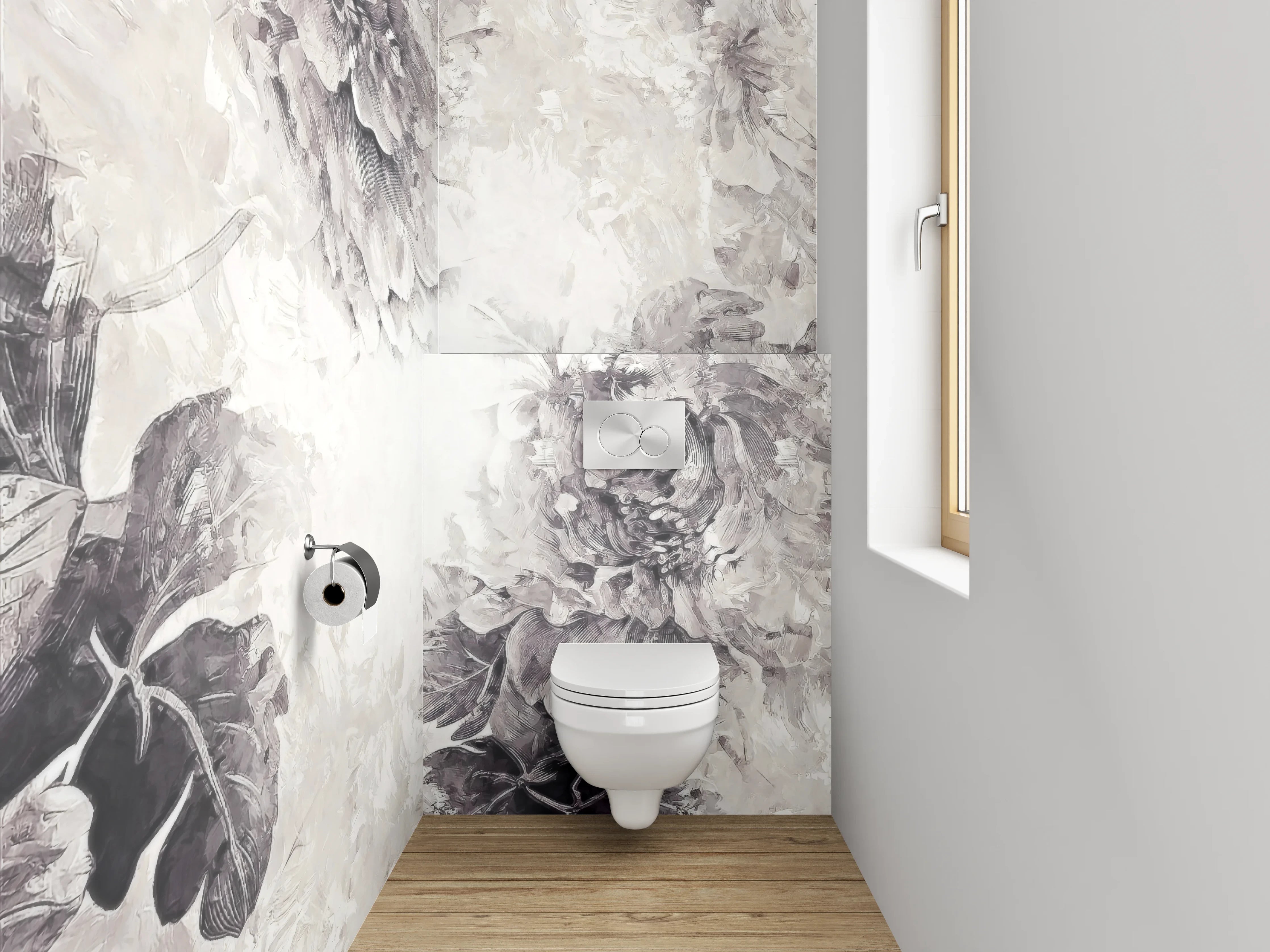 WC-Rückwand - Schwarz-weiße Aquarell-Blumen auf Weiß