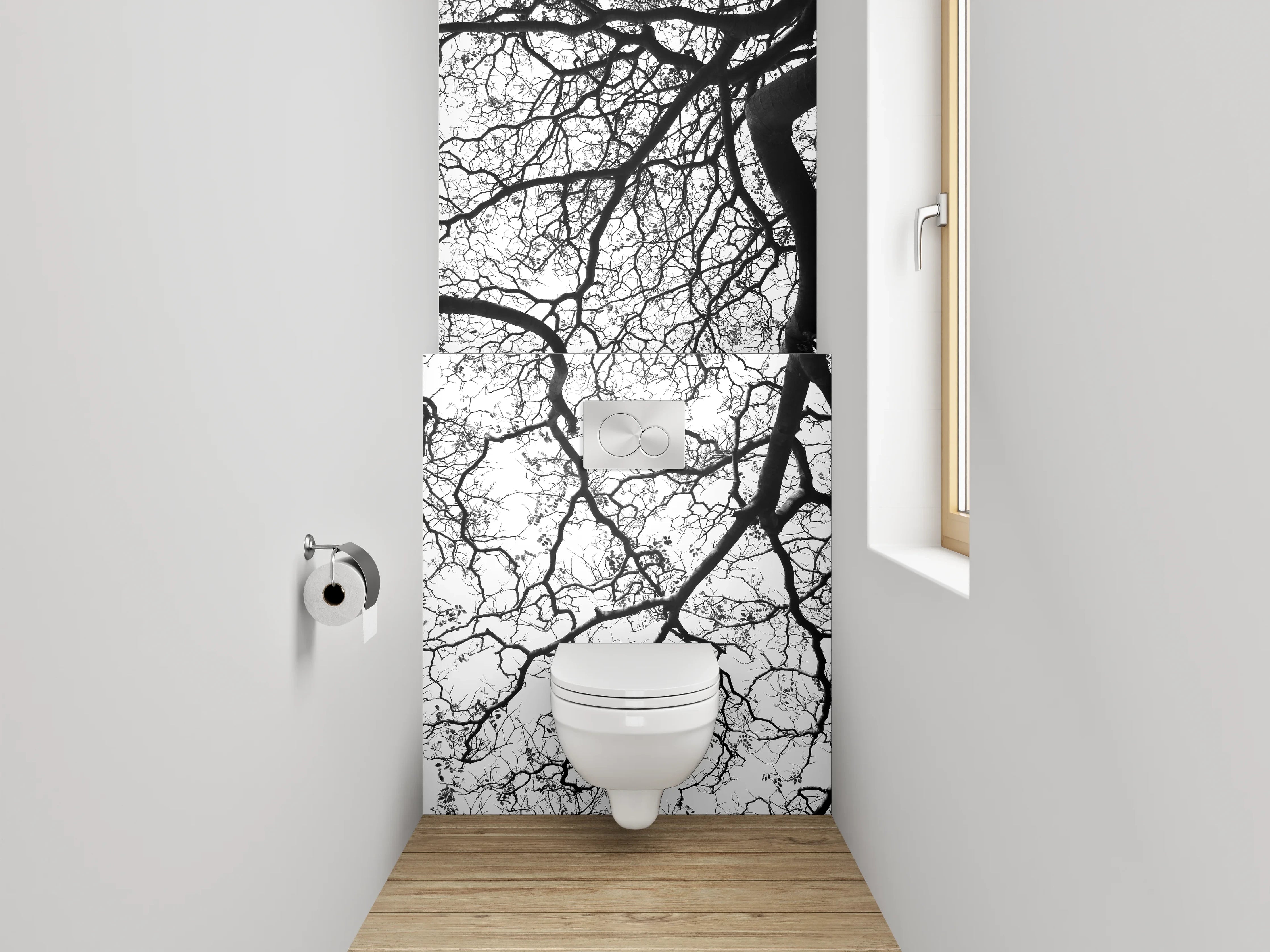 WC-Rückwand - Schwarz-weiße Baumstruktur minimalistisch