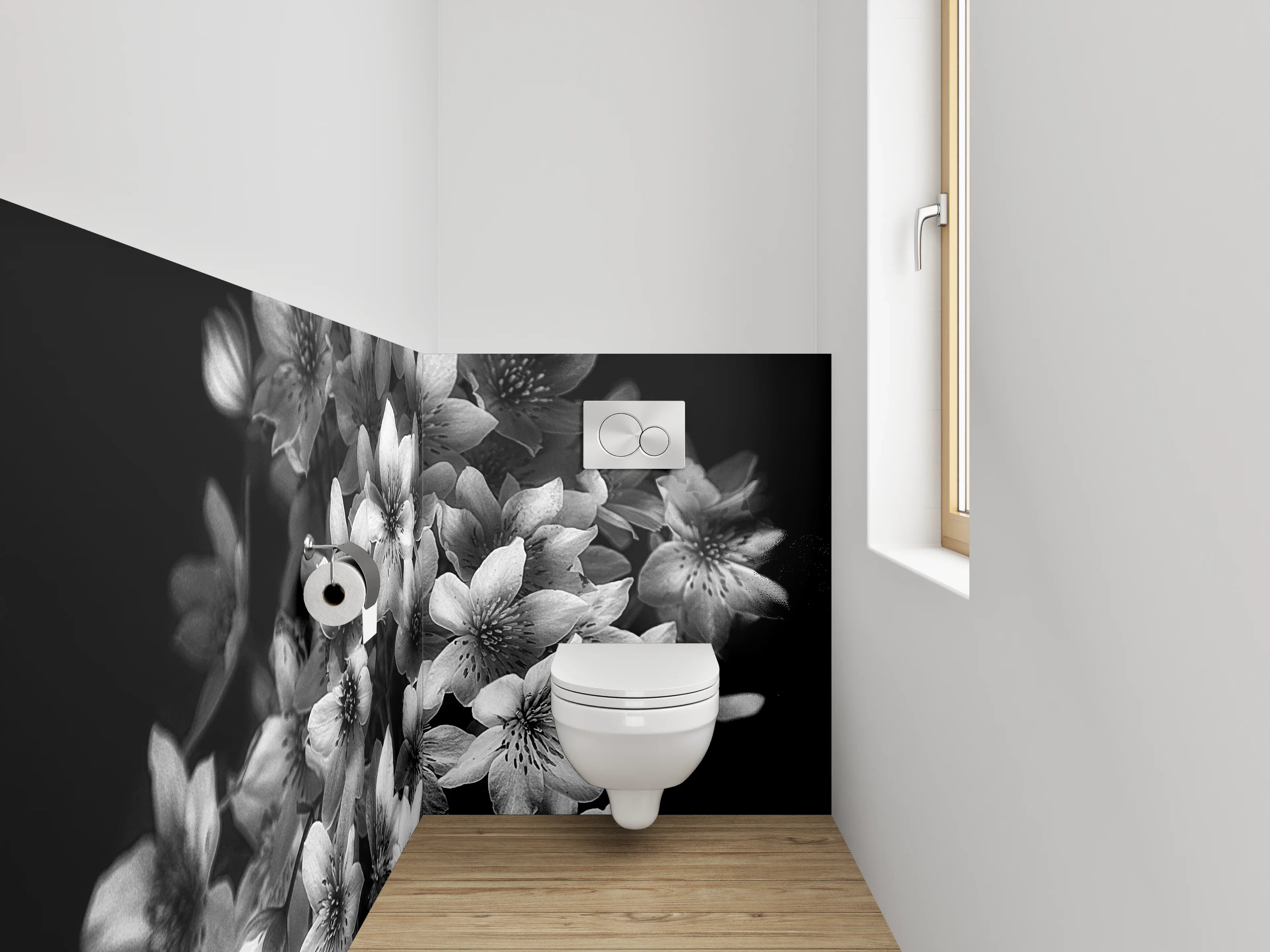 WC-Rückwand - Schwarz-weiße Blumen in eleganter Komposition