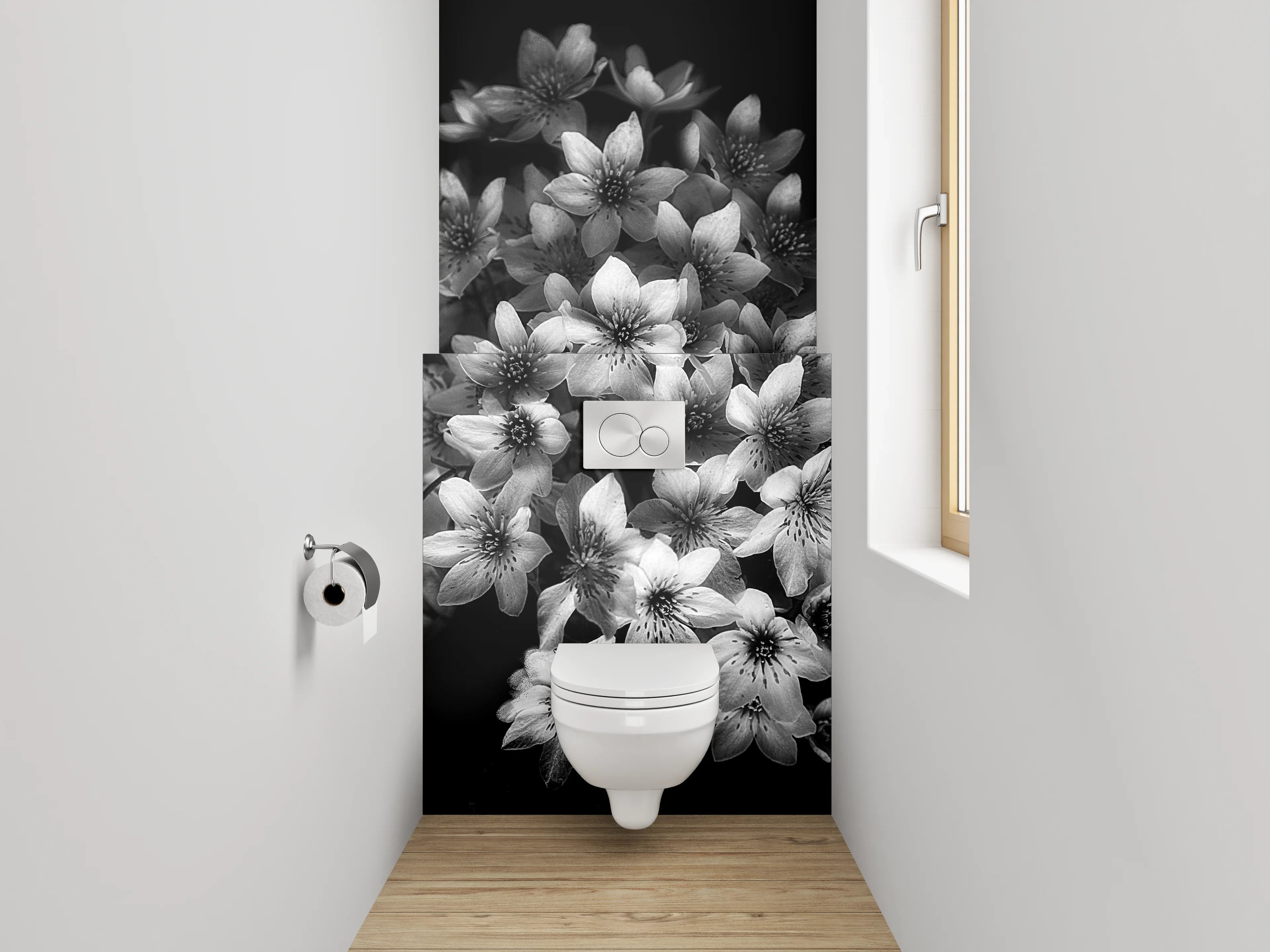 WC-Rückwand - Schwarz-weiße Blumen in eleganter Komposition
