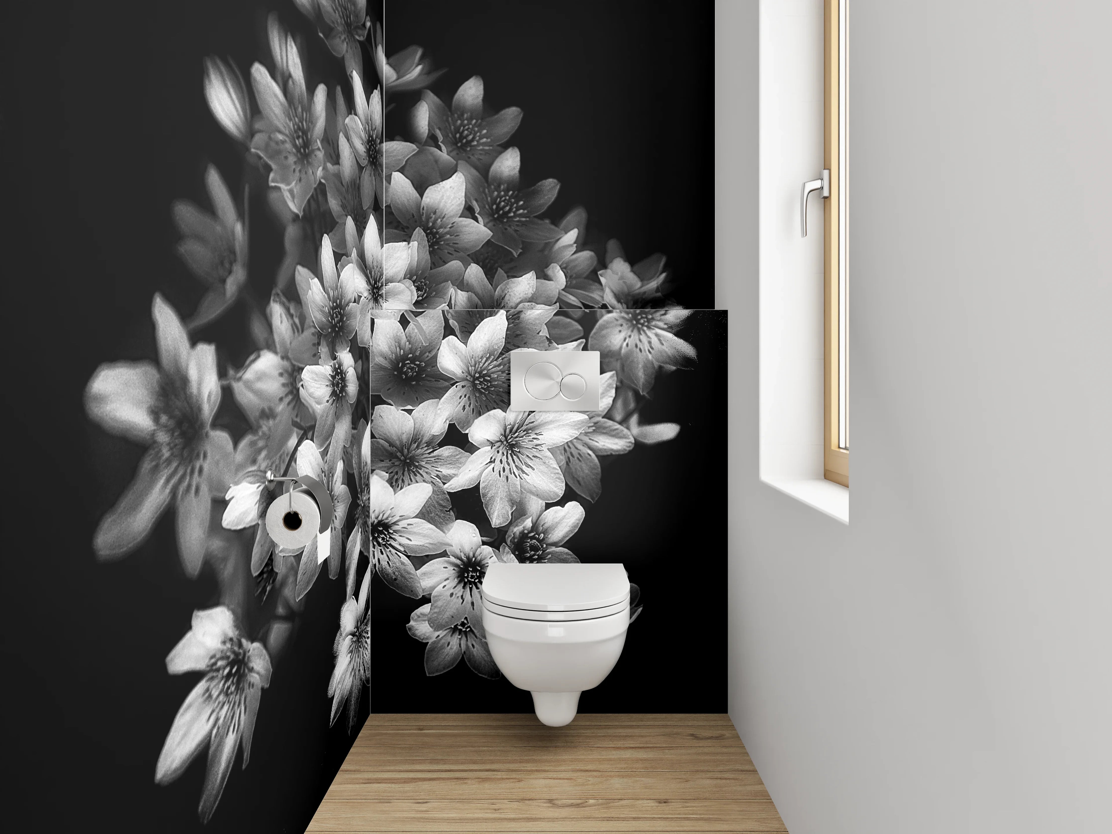 WC-Rückwand - Schwarz-weiße Blumen in eleganter Komposition
